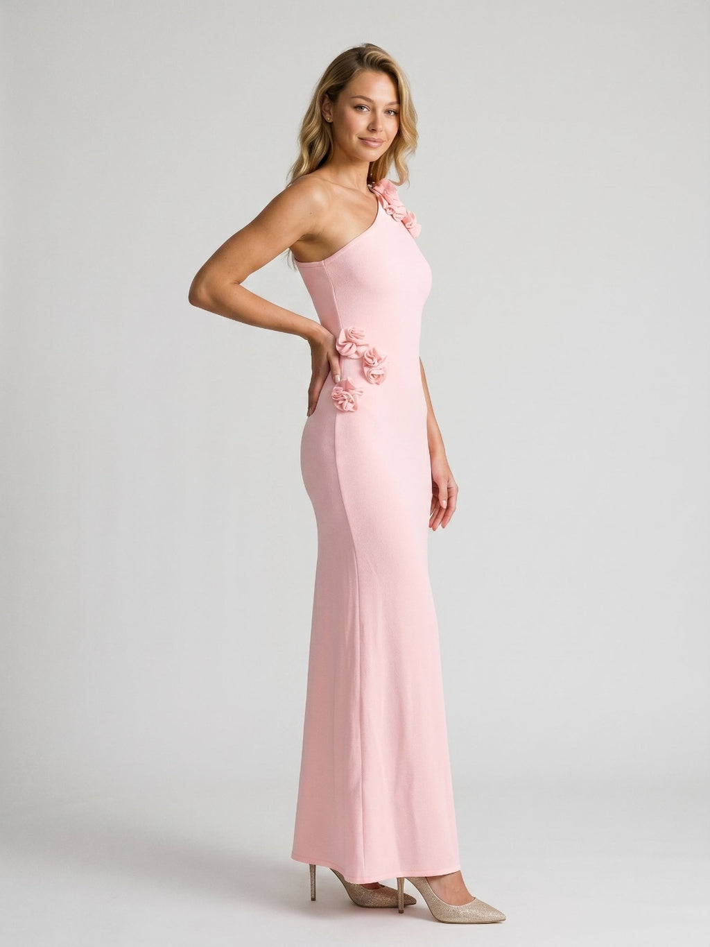 Petal Stretch Knit Trumpet One Shoulder Side Zip Floor-Length Birthday Dress