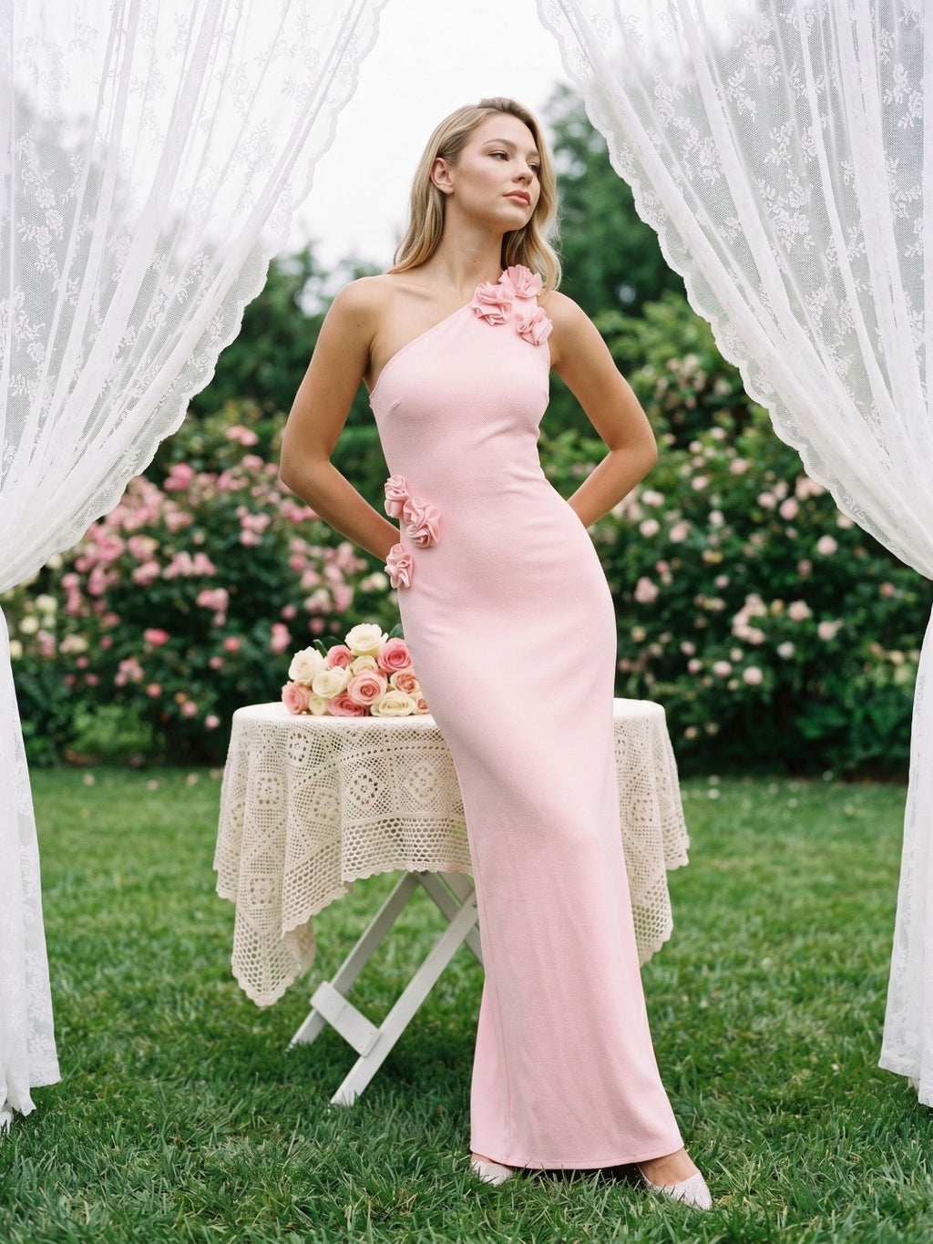 Petal Stretch Knit Trumpet One Shoulder Side Zip Floor-Length Birthday Dress