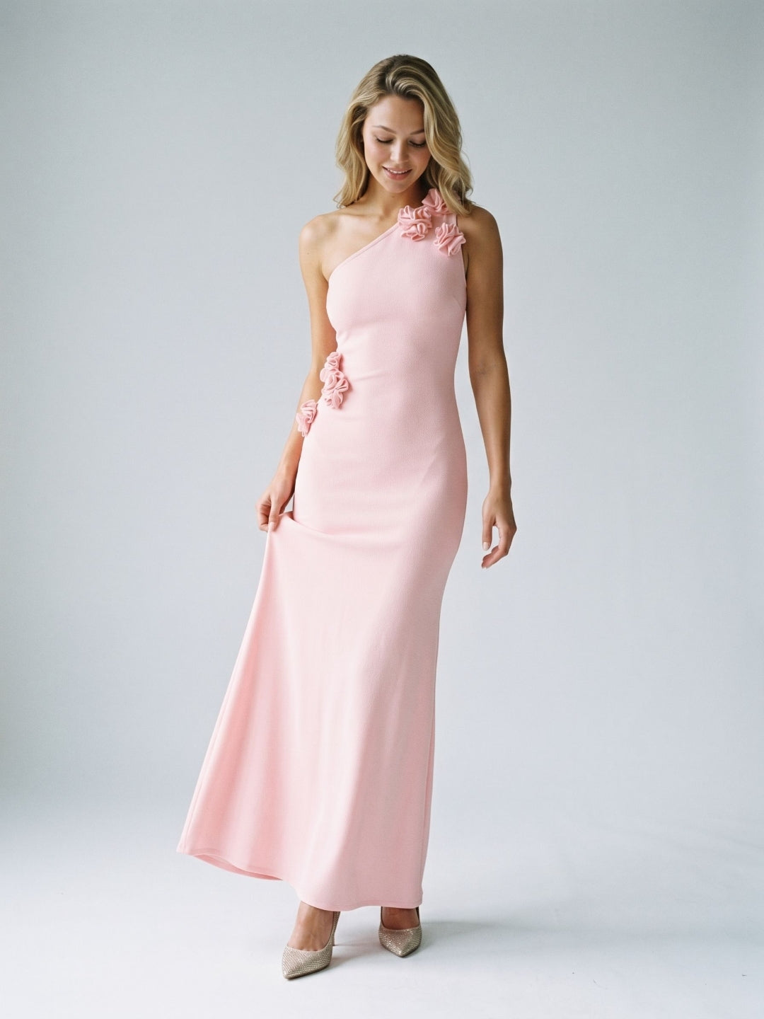 Petal Stretch Knit Trumpet One Shoulder Side Zip Floor-Length Birthday Dress