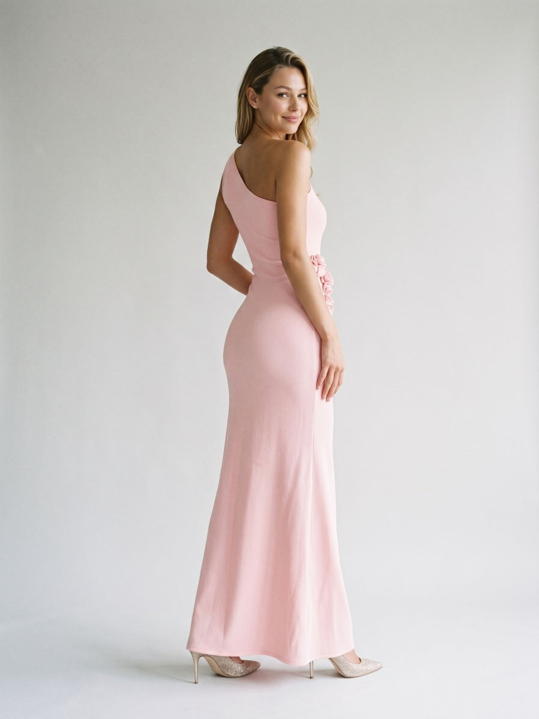 Petal Stretch Knit Trumpet One Shoulder Side Zip Floor-Length Birthday Dress