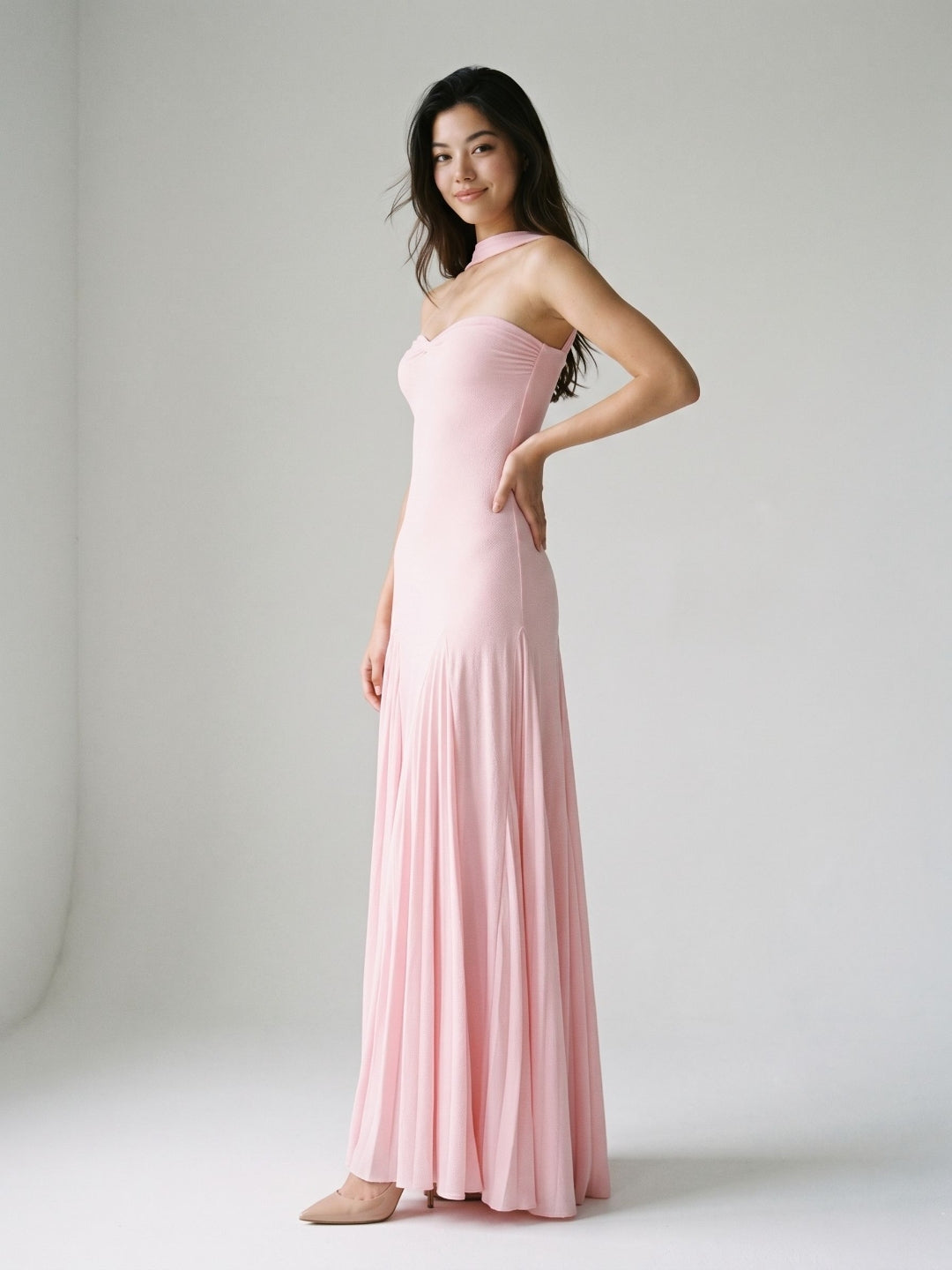 Petal Stretch Knit Trumpet Sweetheart Floor-Length Birthday Dress with Pleating