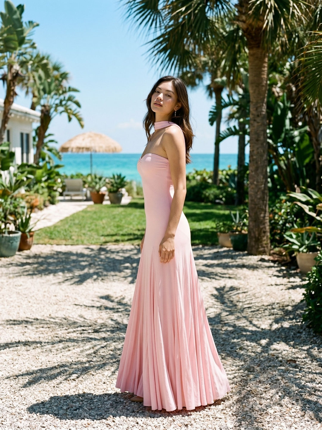 Petal Stretch Knit Trumpet Sweetheart Floor-Length Birthday Dress with Pleating