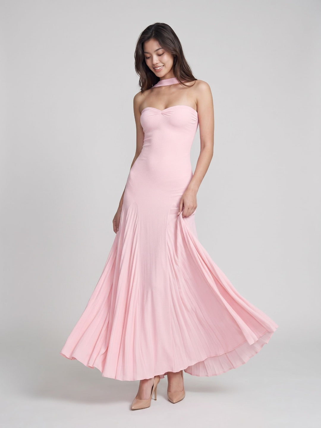 Petal Stretch Knit Trumpet Sweetheart Floor-Length Birthday Dress with Pleating
