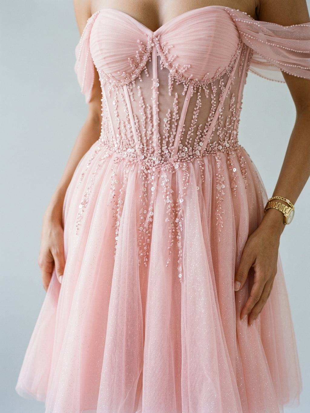 Petal Tulle A-Line Off-the-Shoulder Backless Short Homecoming Dress with Sequins