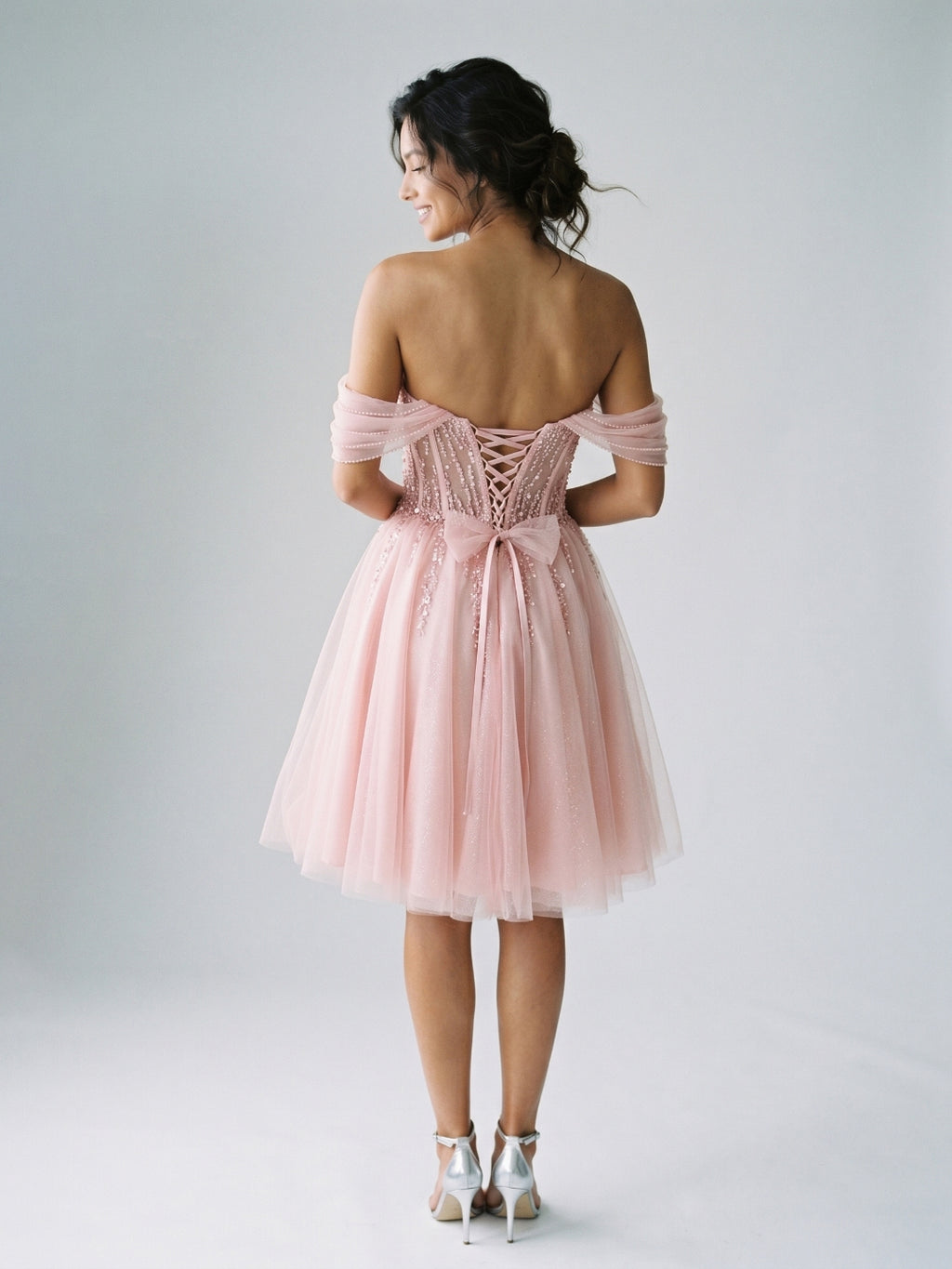 Petal Tulle A-Line Off-the-Shoulder Backless Short Homecoming Dress with Sequins