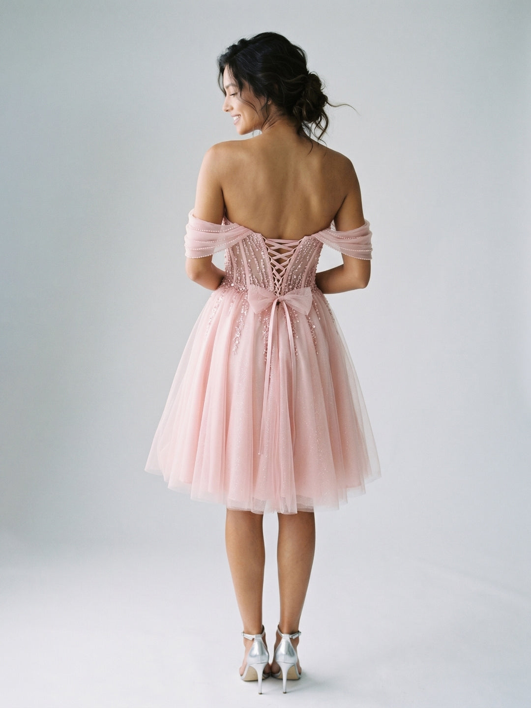 Petal Tulle A-Line Off-the-Shoulder Backless Short Homecoming Dress with Sequins