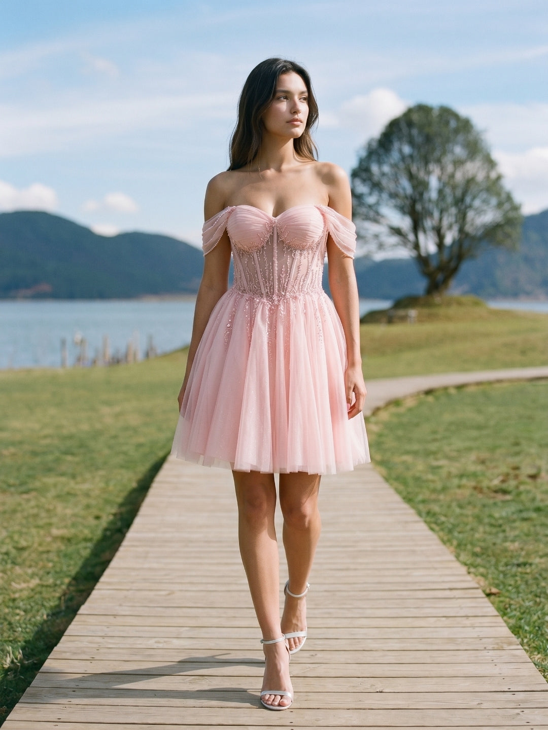 Petal Tulle A-Line Off-the-Shoulder Backless Short Homecoming Dress with Sequins