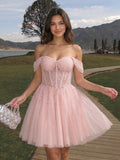 Petal Tulle A-Line Off-the-Shoulder Backless Short Homecoming Dress with Sequins