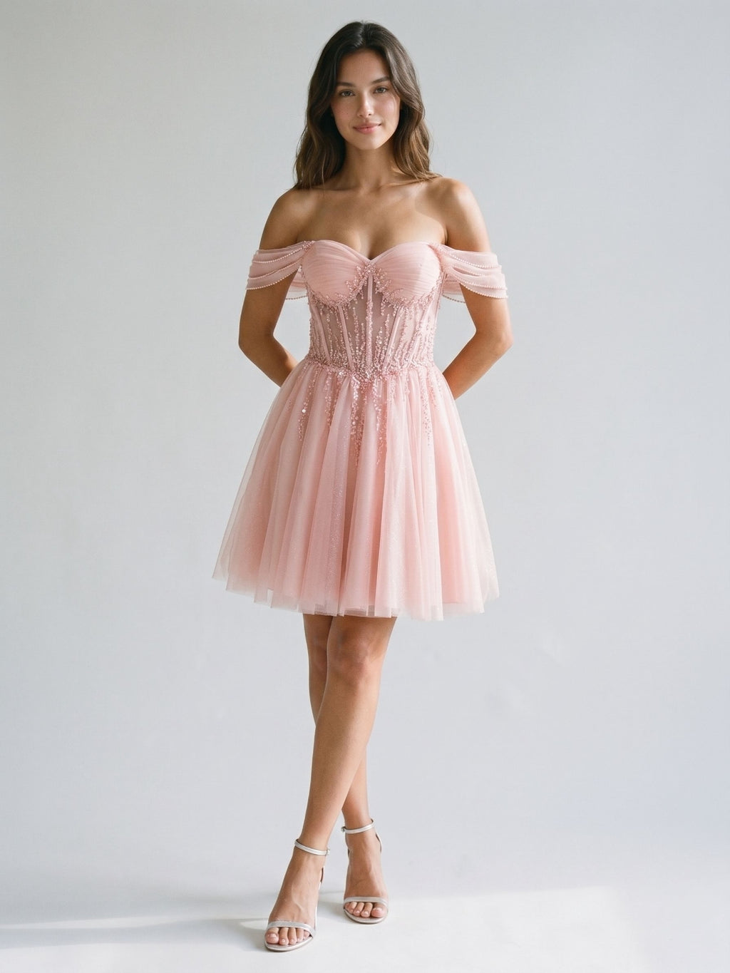 Petal Tulle A-Line Off-the-Shoulder Backless Short Homecoming Dress with Sequins