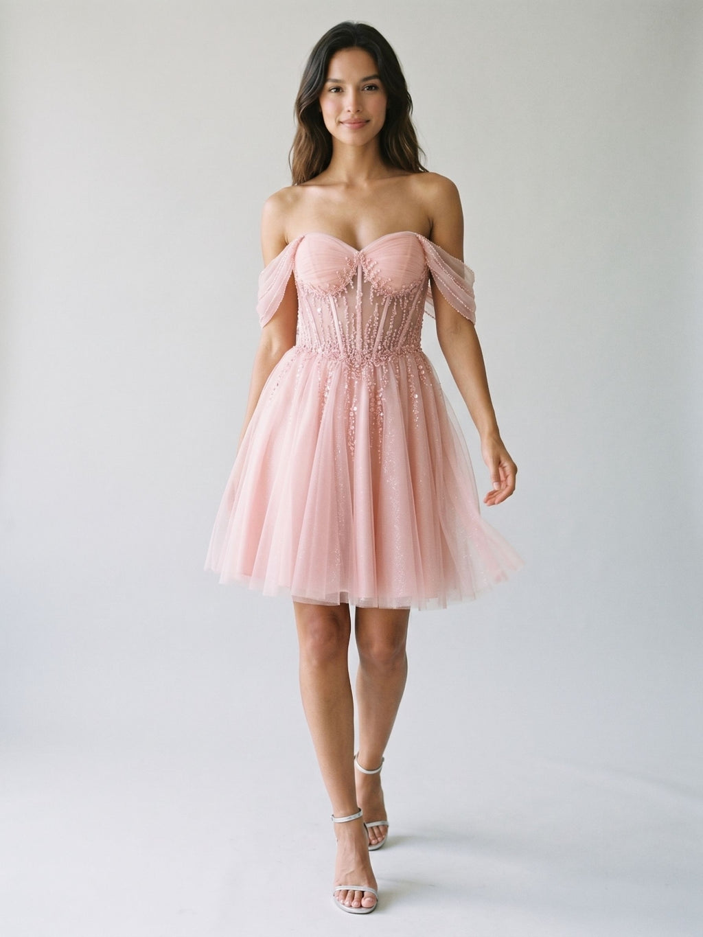 Petal Tulle A-Line Off-the-Shoulder Backless Short Homecoming Dress with Sequins