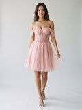Petal Tulle A-Line Off-the-Shoulder Backless Short Homecoming Dress with Sequins