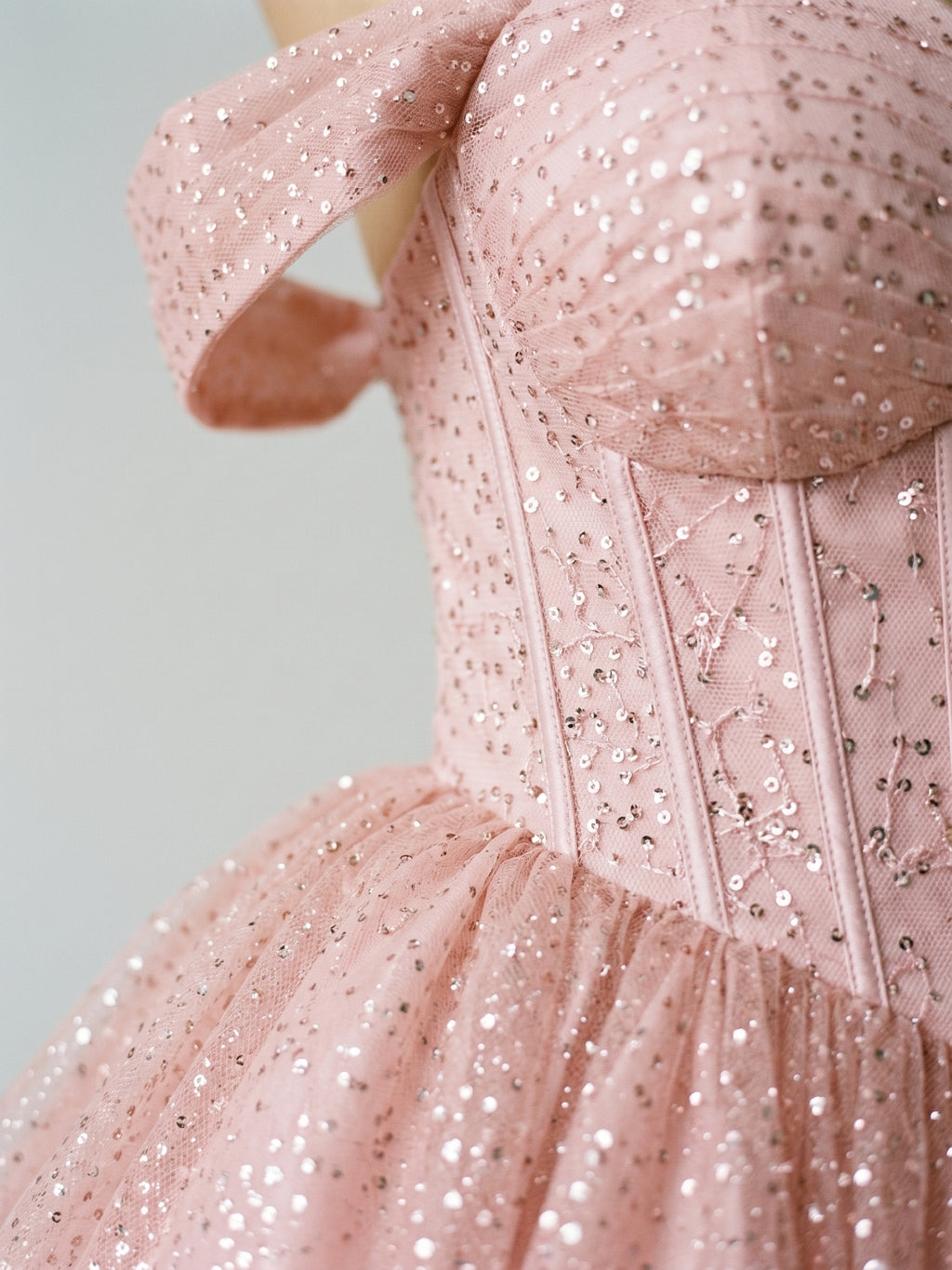 Petal Tulle A-Line Off-the-Shoulder Short Homecoming Dress with Sequins