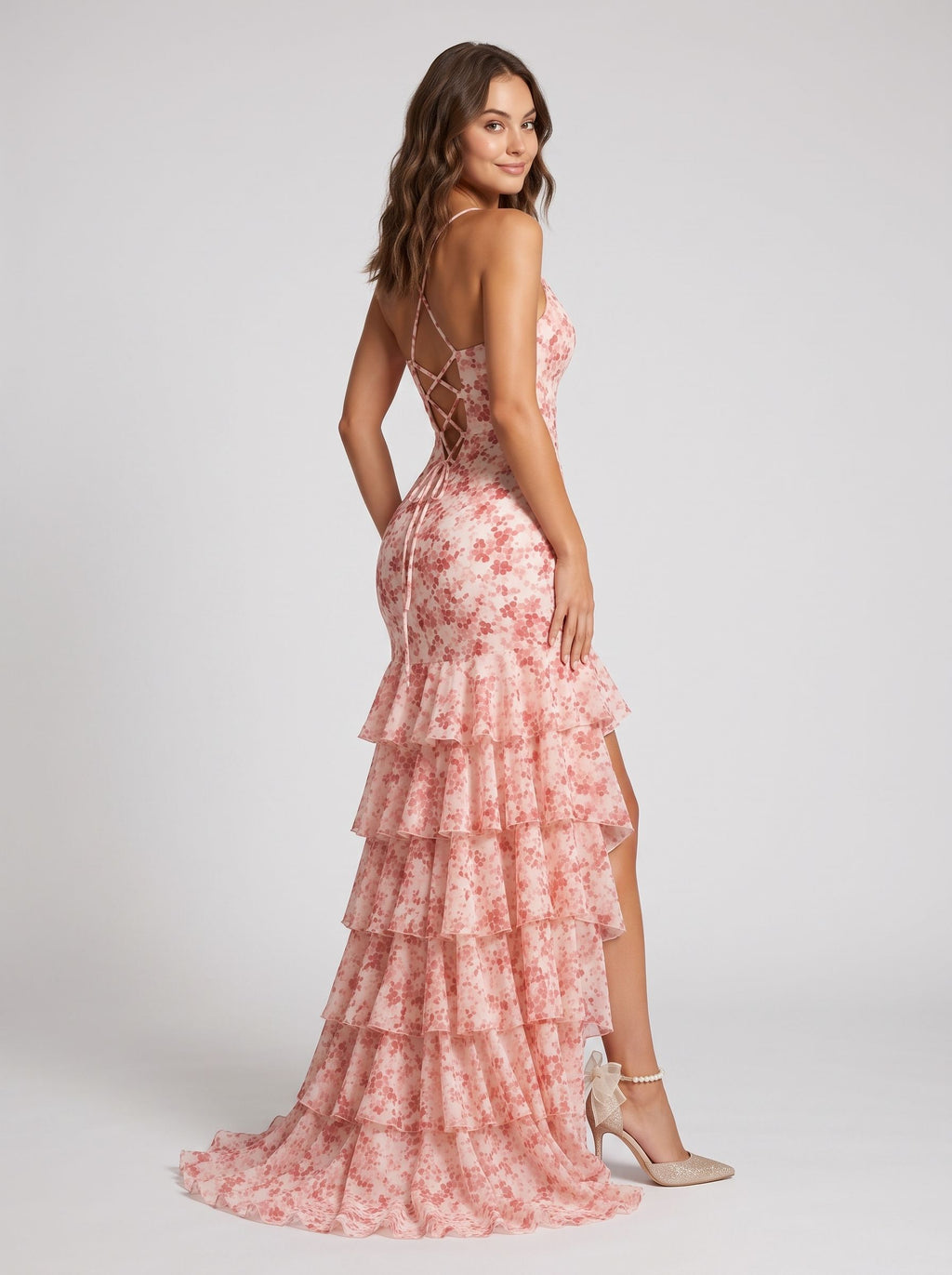 Pink Floral Chiffon Mermaid V-Neck Lace-up Floor-Length Dress with Cascading Tiered Ruffles