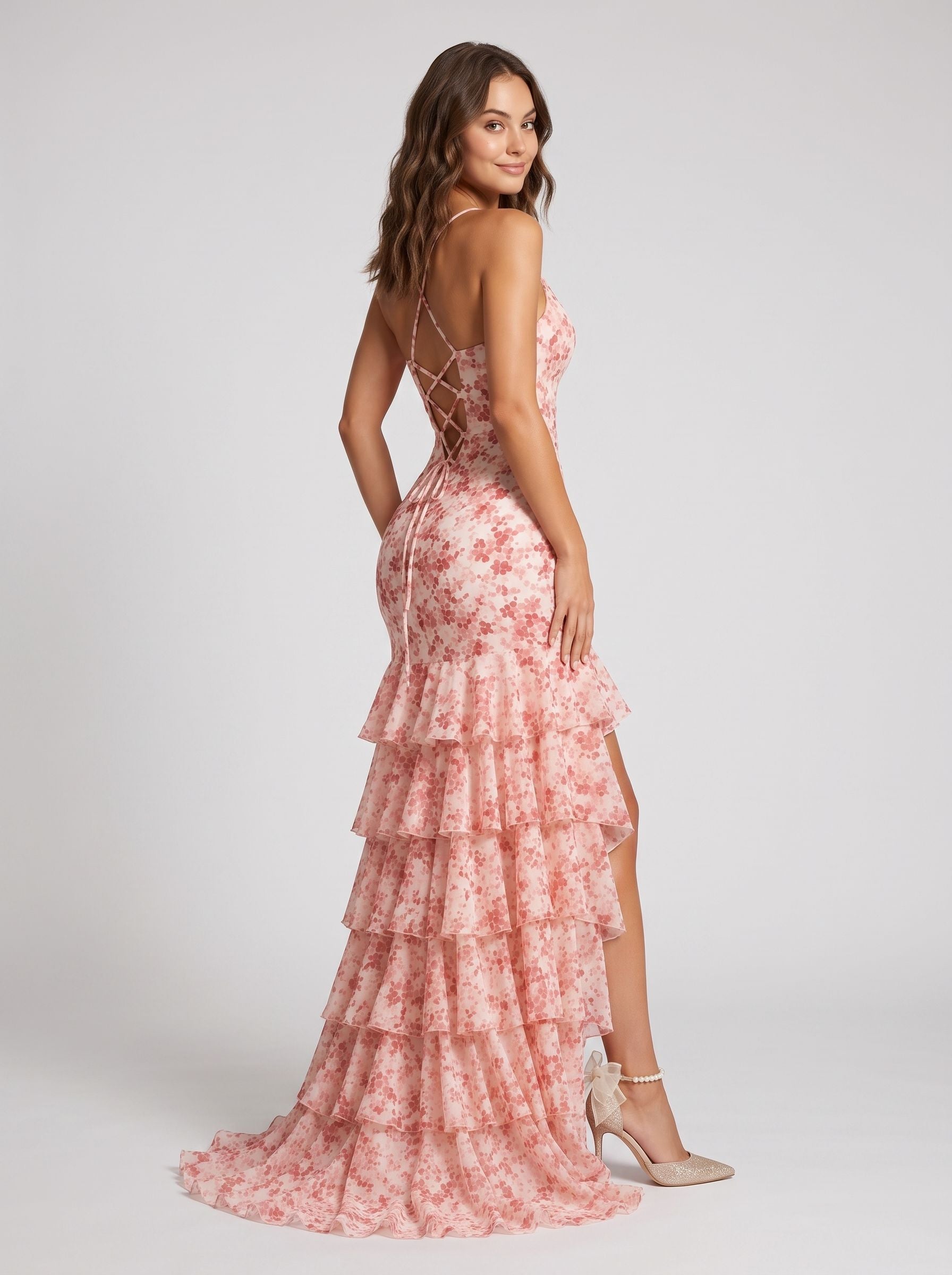Pink Floral Chiffon Mermaid V-Neck Lace-up Floor-Length Dress with Cascading Tiered Ruffles