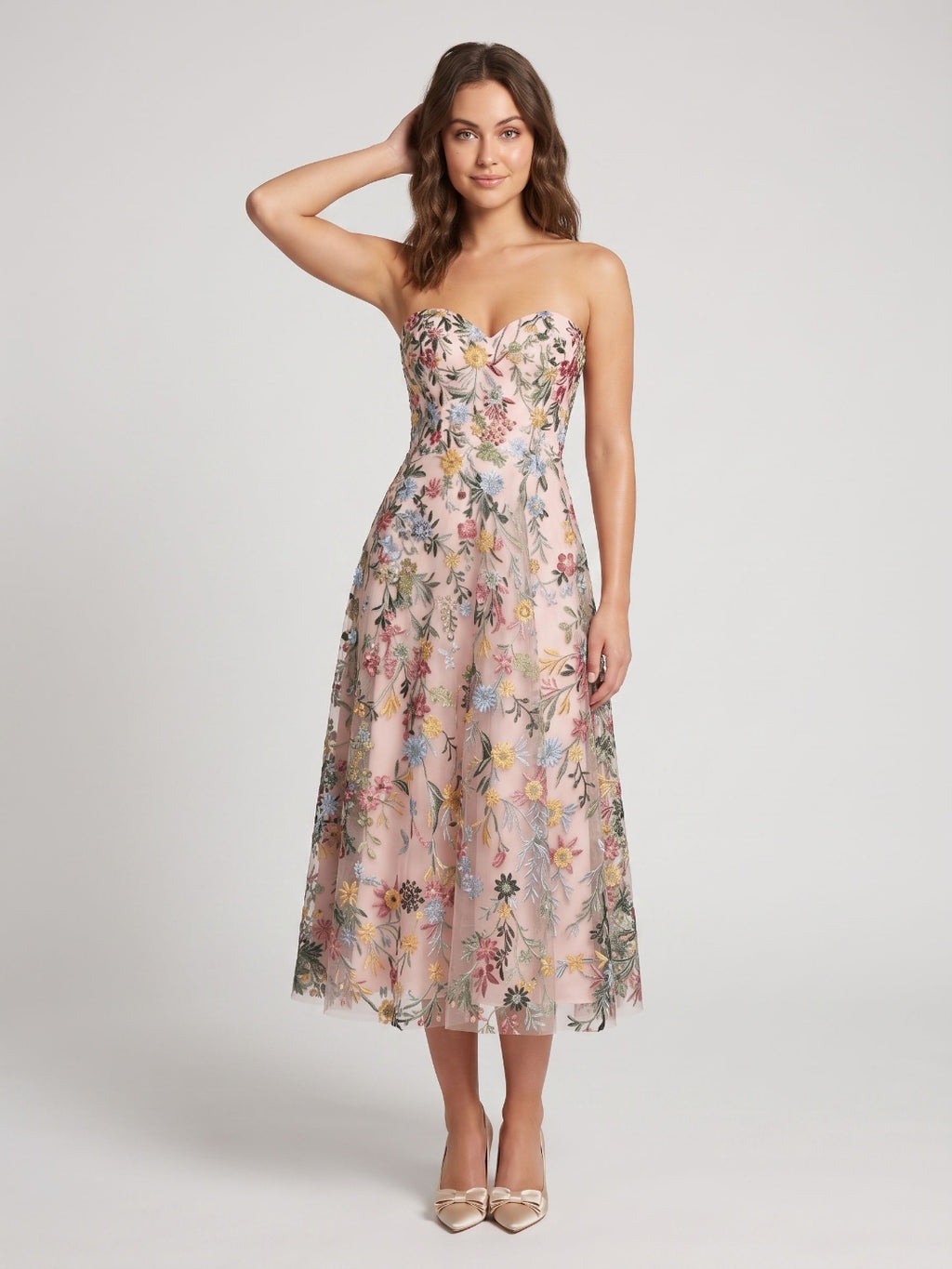 Mauve Floral Tulle A-Line Sweetheart Zipper Back Midi Dress