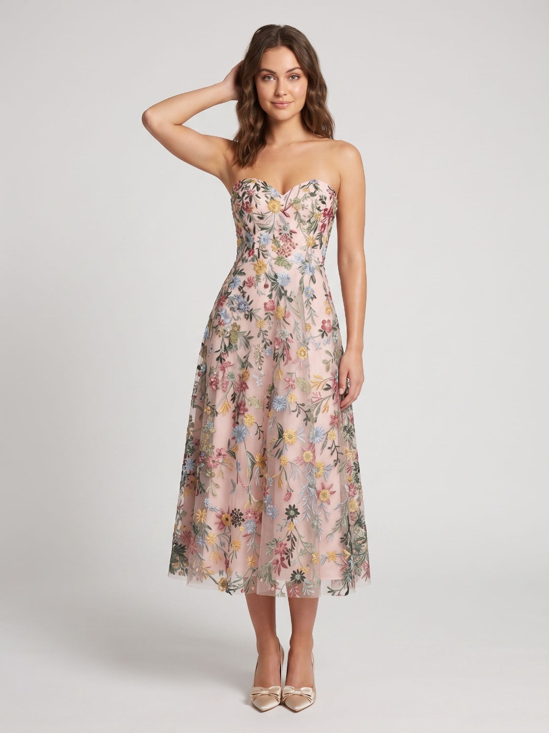 Mauve Floral Tulle A-Line Sweetheart Zipper Back Midi Dress