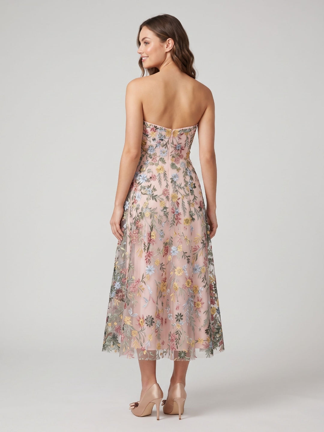 Mauve Floral Tulle A-Line Sweetheart Zipper Back Midi Dress