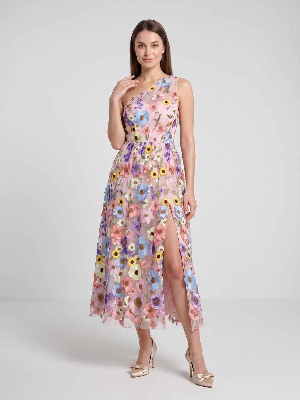 Sky Blue with Pastel Flowers Mesh Tulle A-Line One Shoulder Midi Dress