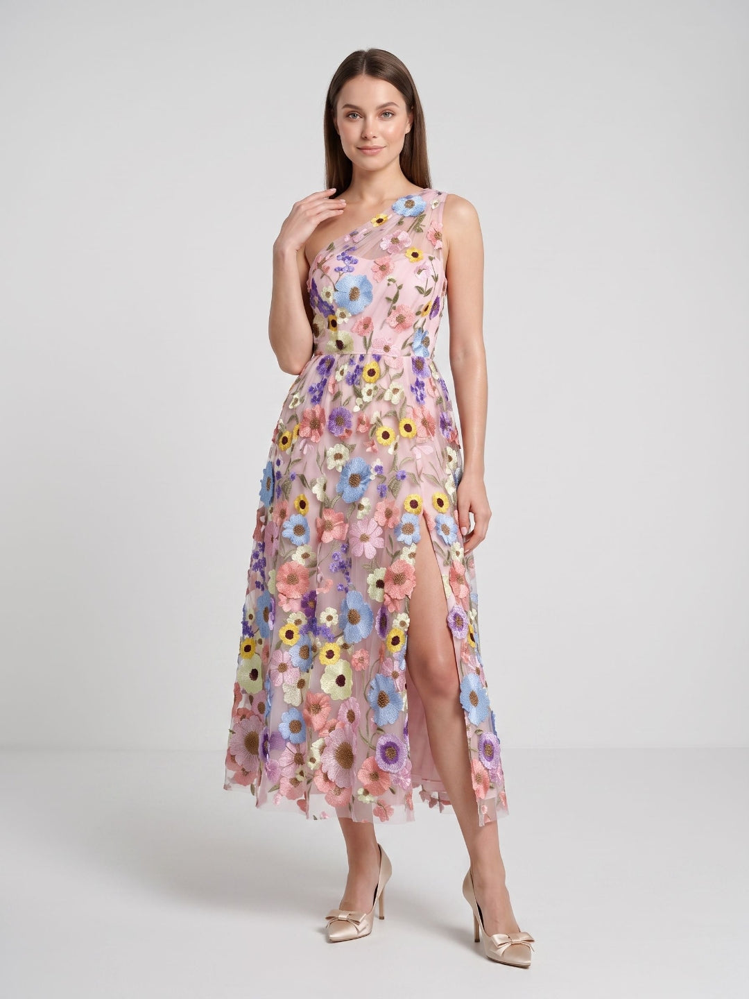 Sky Blue with Pastel Flowers Mesh Tulle A-Line One Shoulder Midi Dress