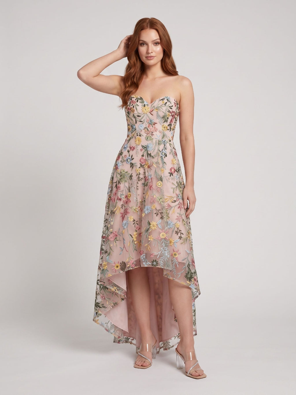 Mauve Embroidered Mesh A-Line Sweetheart Zipper Back High-Low Dress
