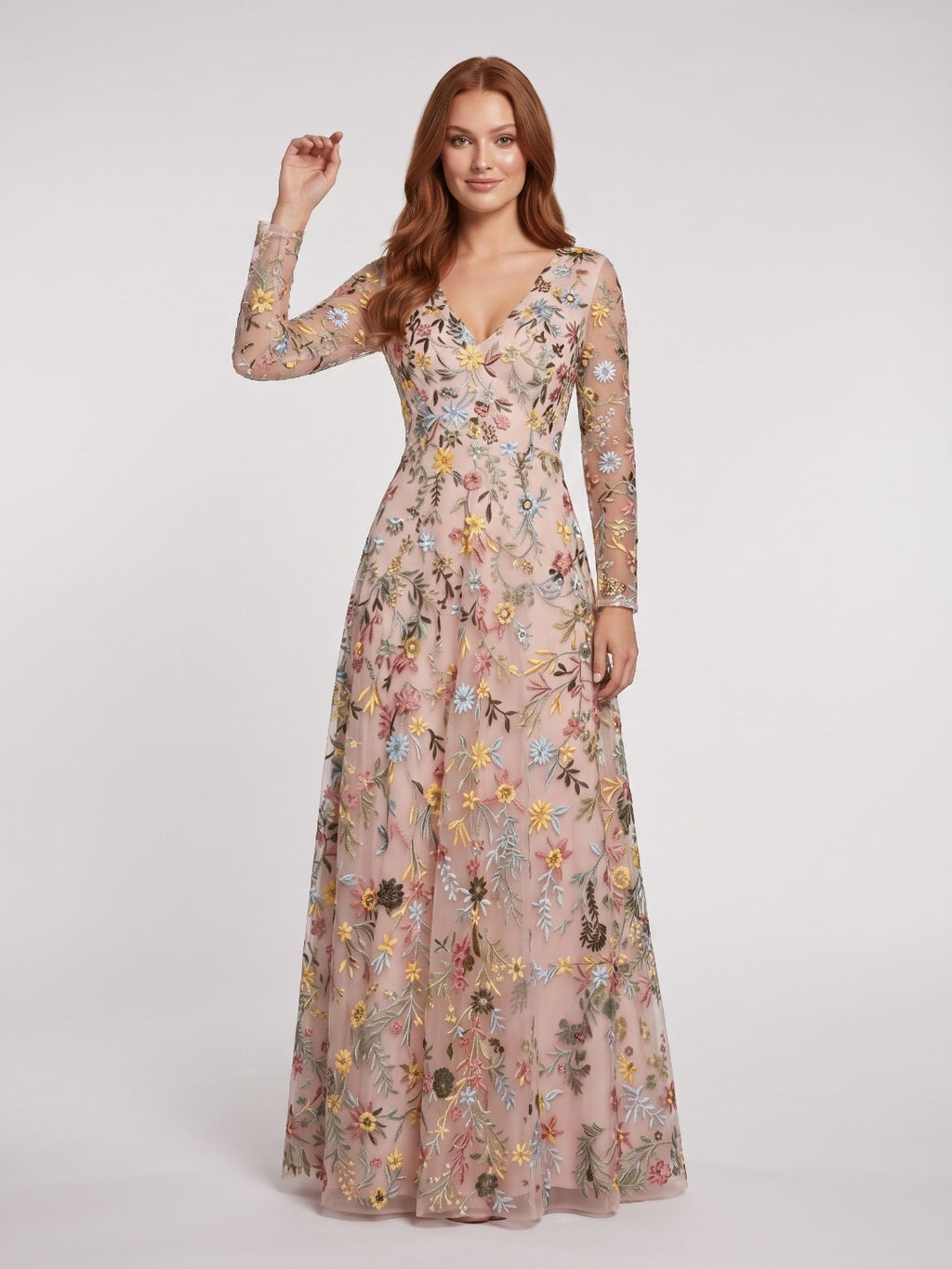 Mauve Mesh with Floral Embroidery A-Line V-Neck Zipper Back Floor Length Dress