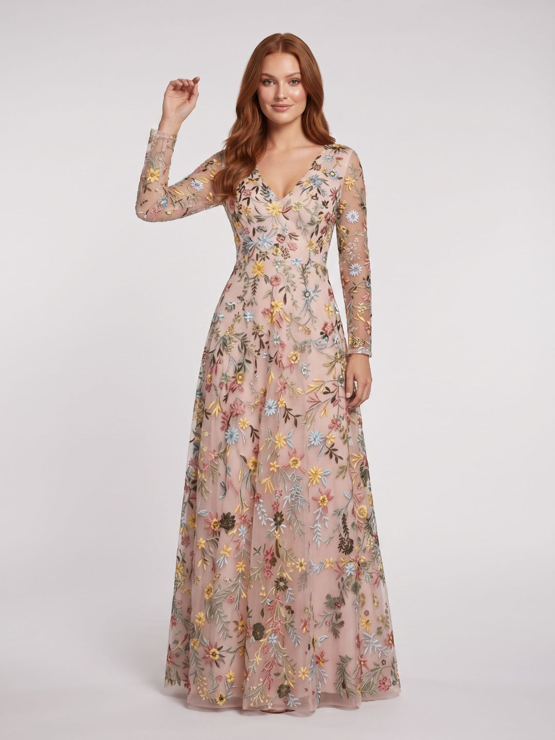 Mauve Mesh with Floral Embroidery A-Line V-Neck Zipper Back Floor Length Dress