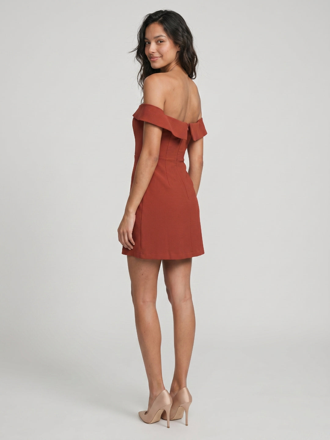 Playful Rust Stretch Knit A-Line Off-the-Shoulder Backless Short Homecoming Dress with Pleats
