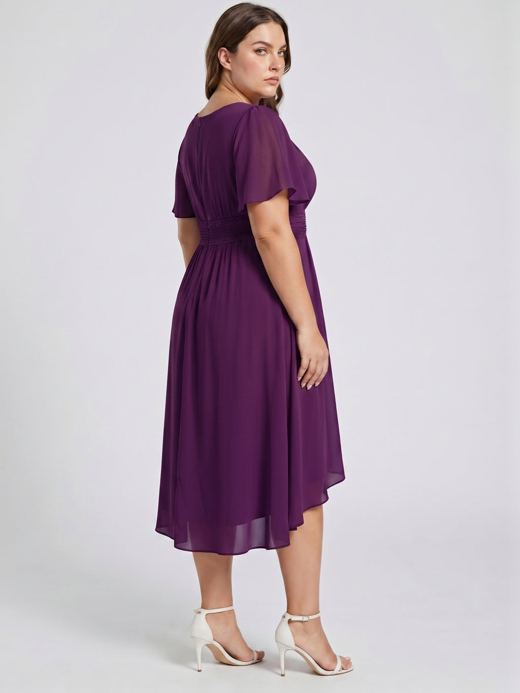 Coquette Plum Chiffon A-Line Scoop Neck Back Zip Knee-Length Plus Size Bridesmaid Dress