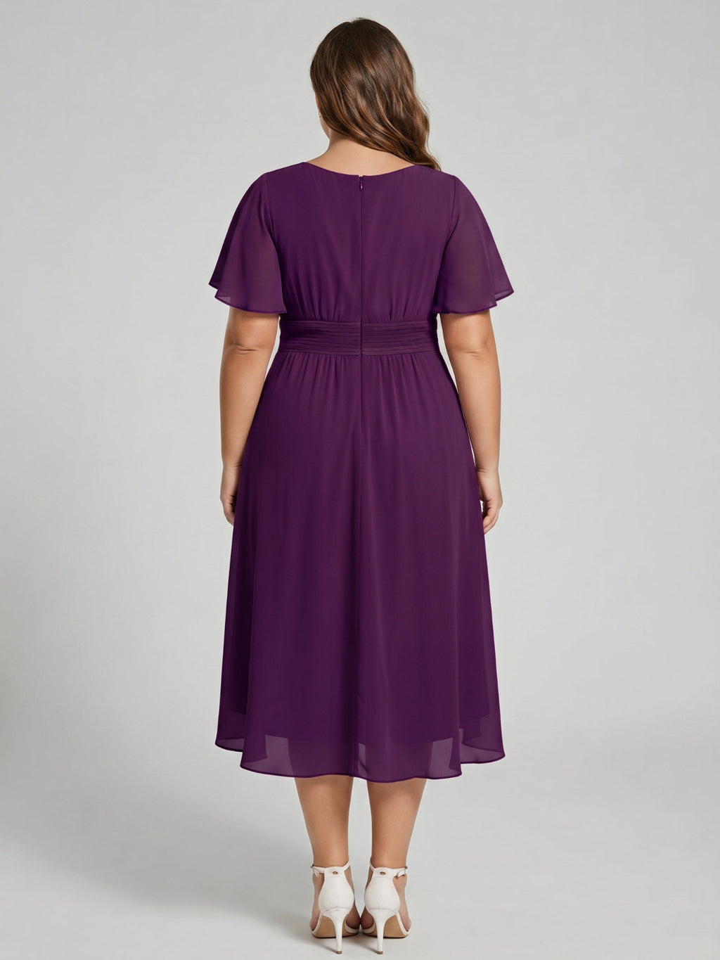 Coquette Plum Chiffon A-Line Scoop Neck Back Zip Knee-Length Plus Size Bridesmaid Dress
