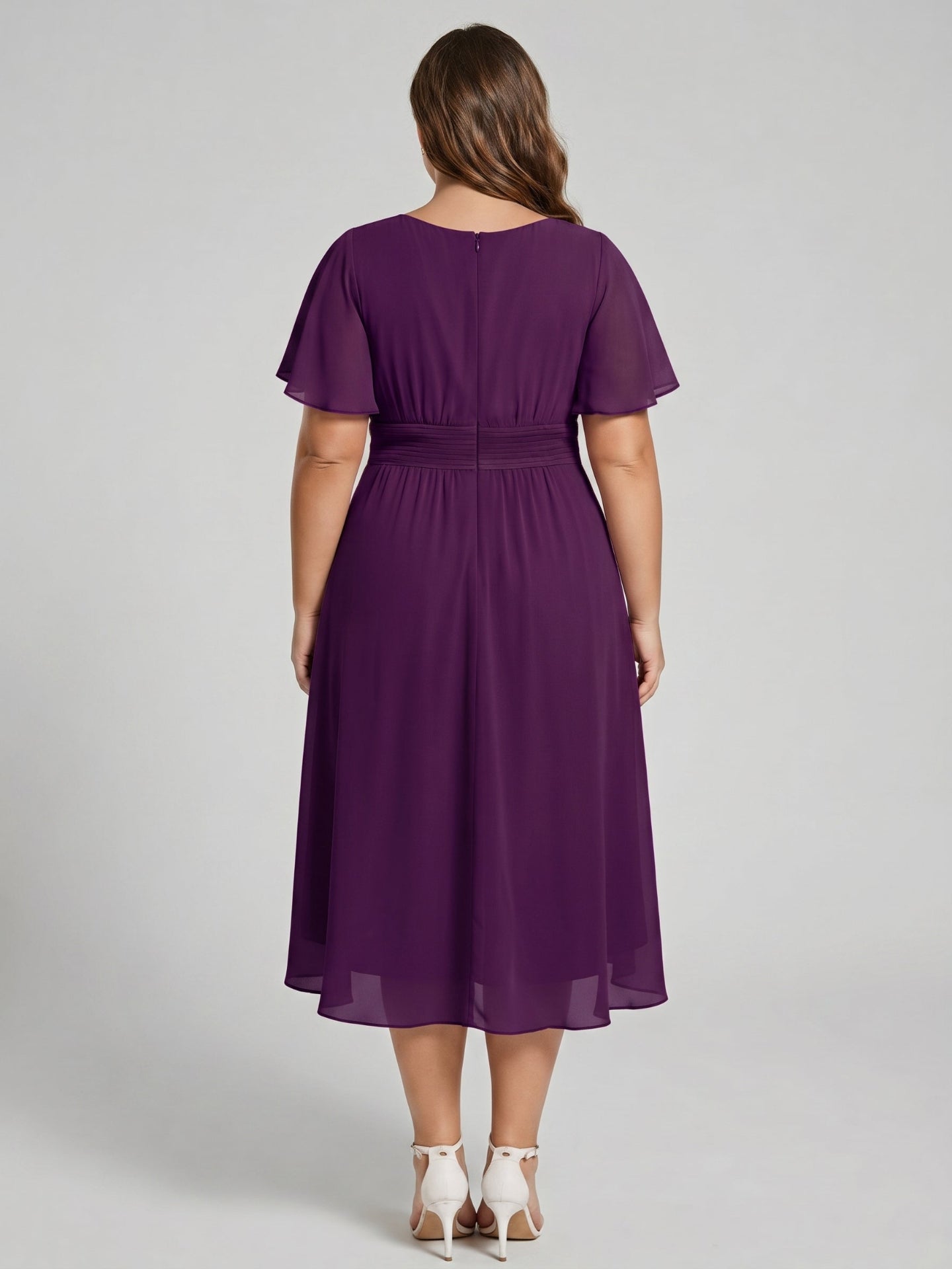 Coquette Plum Chiffon A-Line Scoop Neck Back Zip Knee-Length Plus Size Bridesmaid Dress