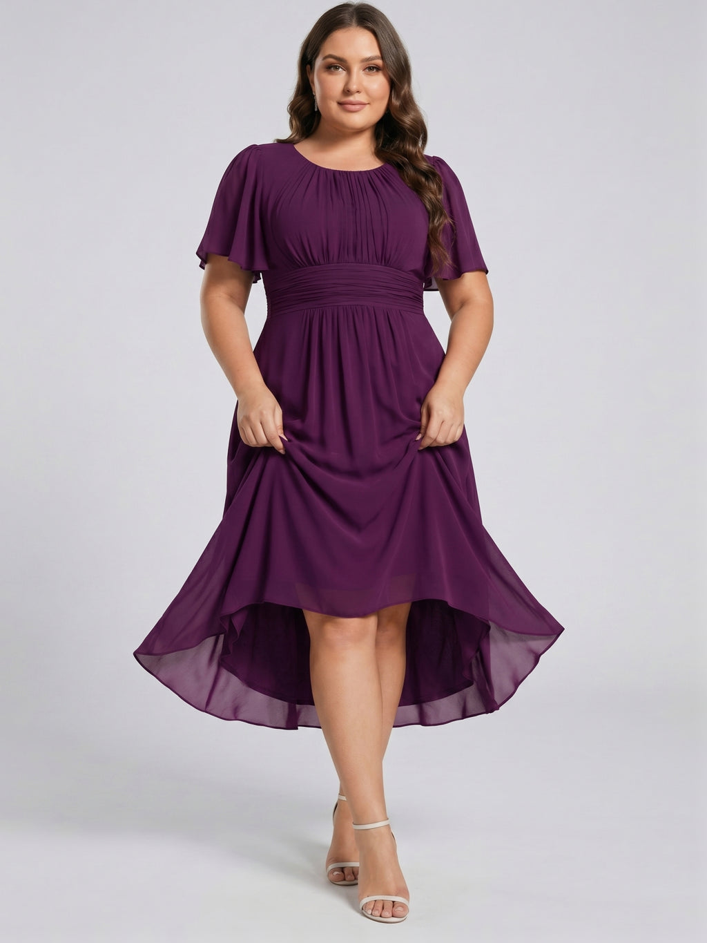 Coquette Plum Chiffon A-Line Scoop Neck Back Zip Knee-Length Plus Size Bridesmaid Dress