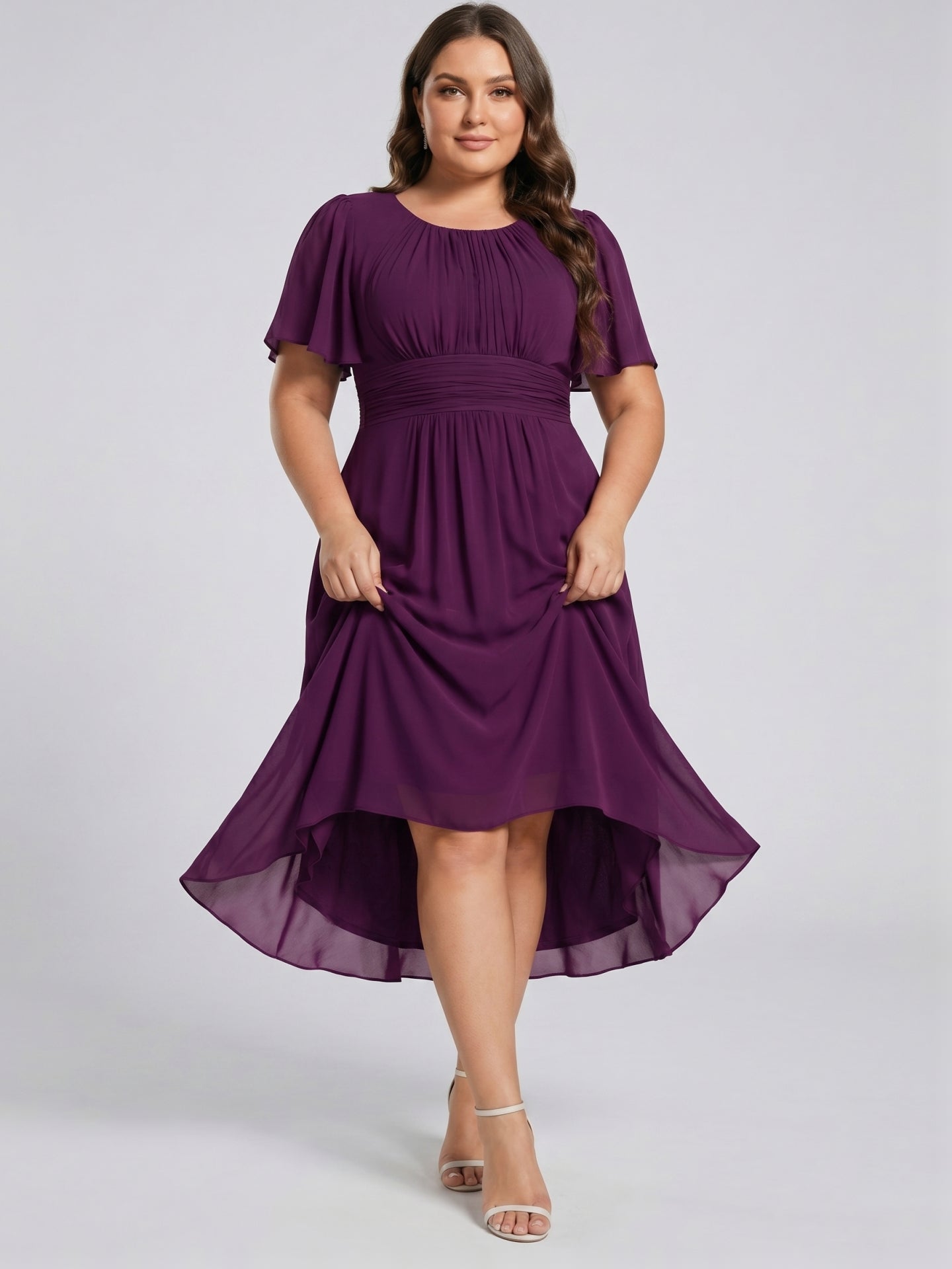 Coquette Plum Chiffon A-Line Scoop Neck Back Zip Knee-Length Plus Size Bridesmaid Dress