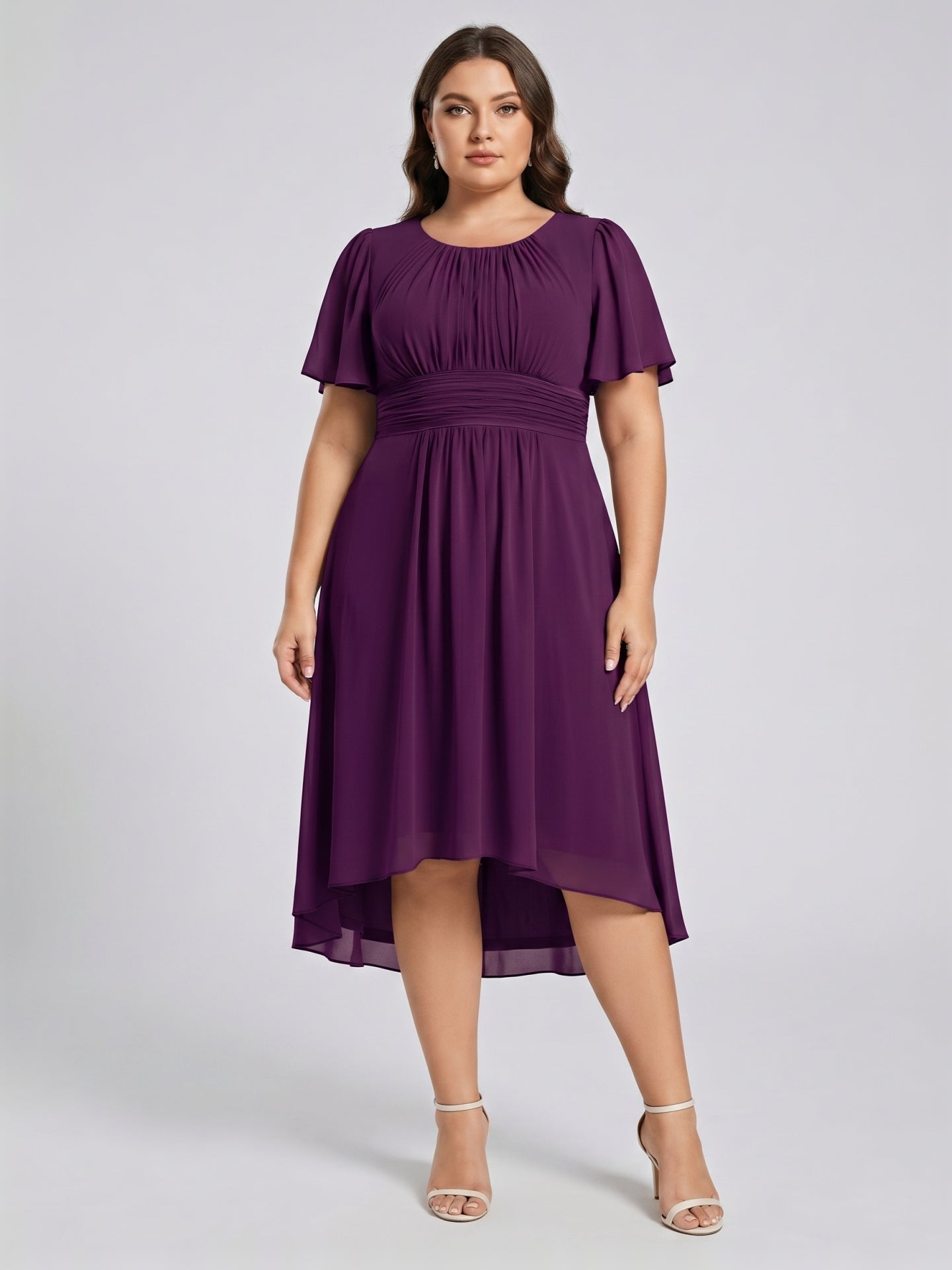 Coquette Plum Chiffon A-Line Scoop Neck Back Zip Knee-Length Plus Size Bridesmaid Dress