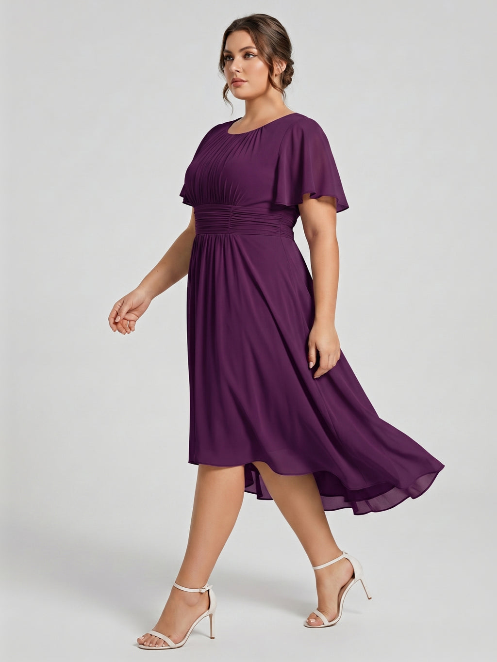 Coquette Plum Chiffon A-Line Scoop Neck Back Zip Knee-Length Plus Size Bridesmaid Dress