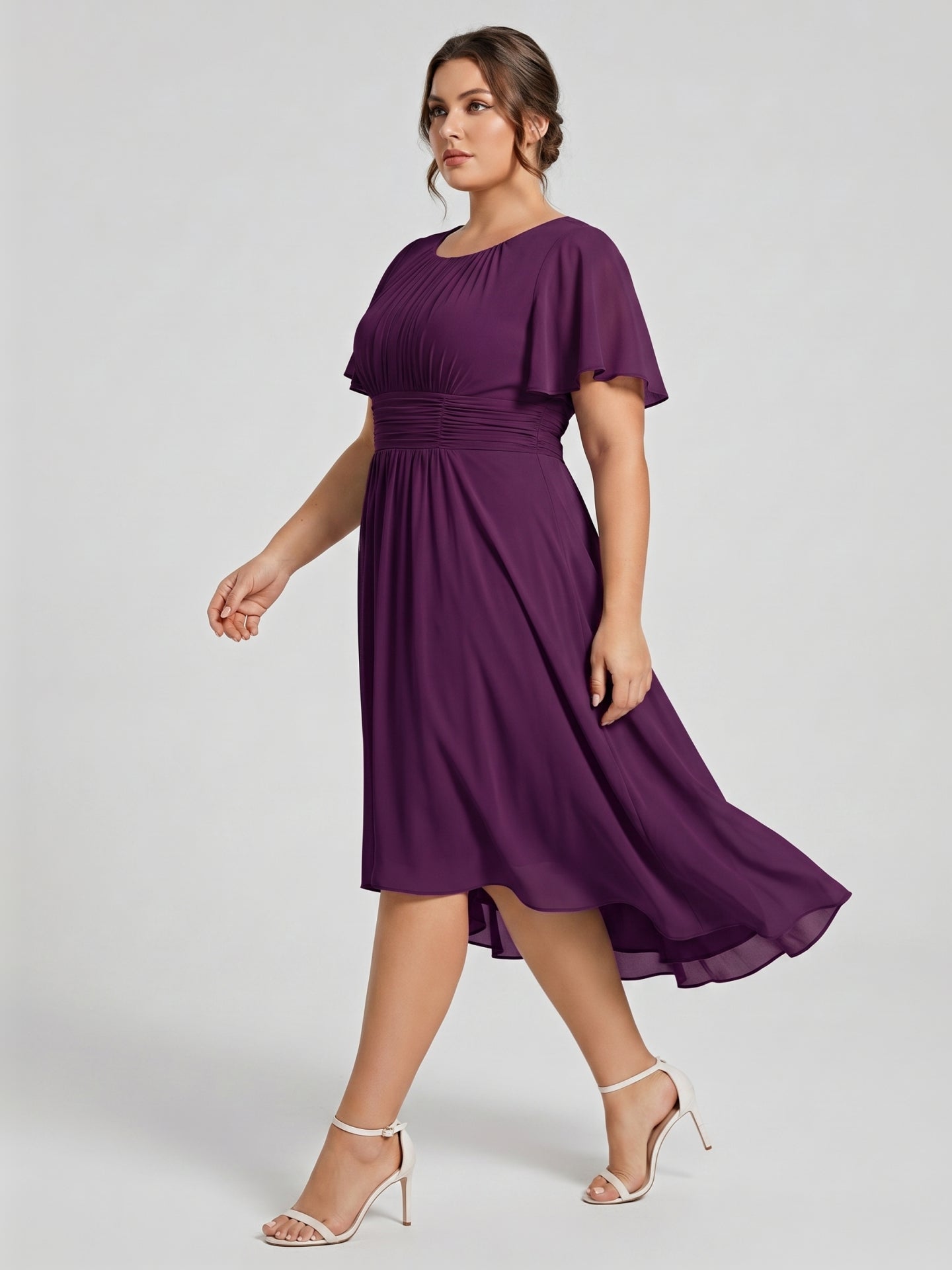 Coquette Plum Chiffon A-Line Scoop Neck Back Zip Knee-Length Plus Size Bridesmaid Dress