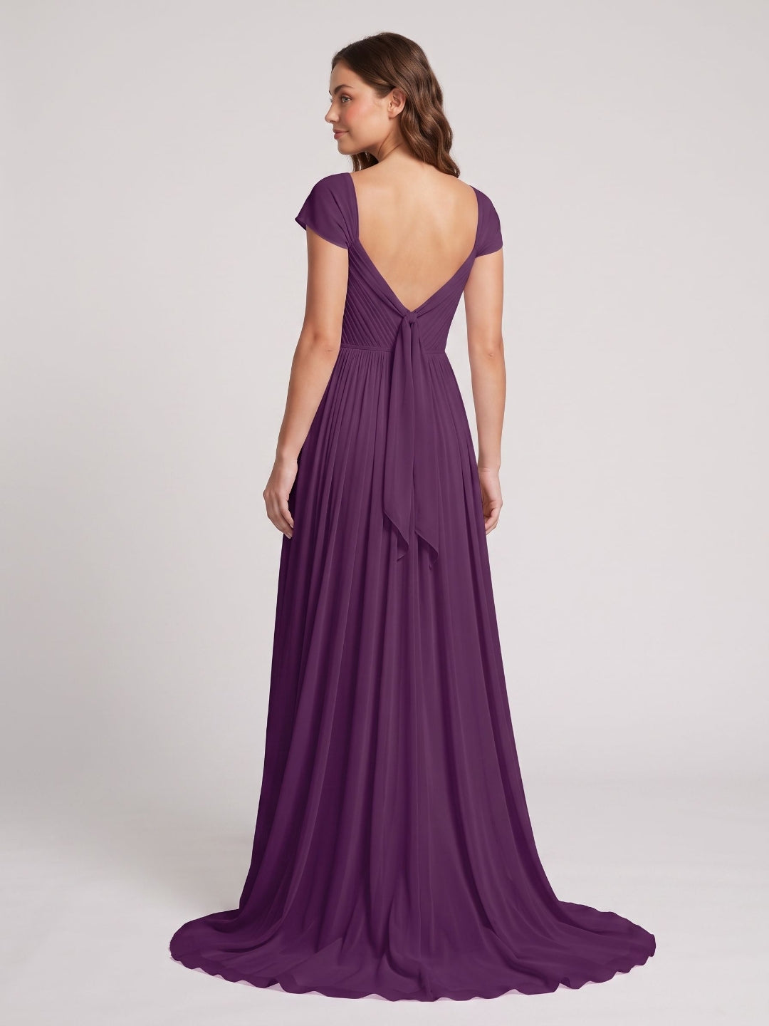 Plum Chiffon A-Line Square Neck Backless Floor-Length Prom Dress