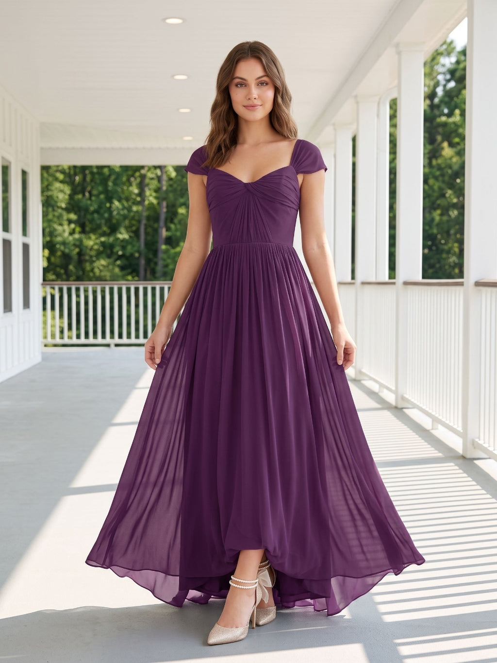 Plum Chiffon A-Line Square Neck Backless Floor-Length Prom Dress