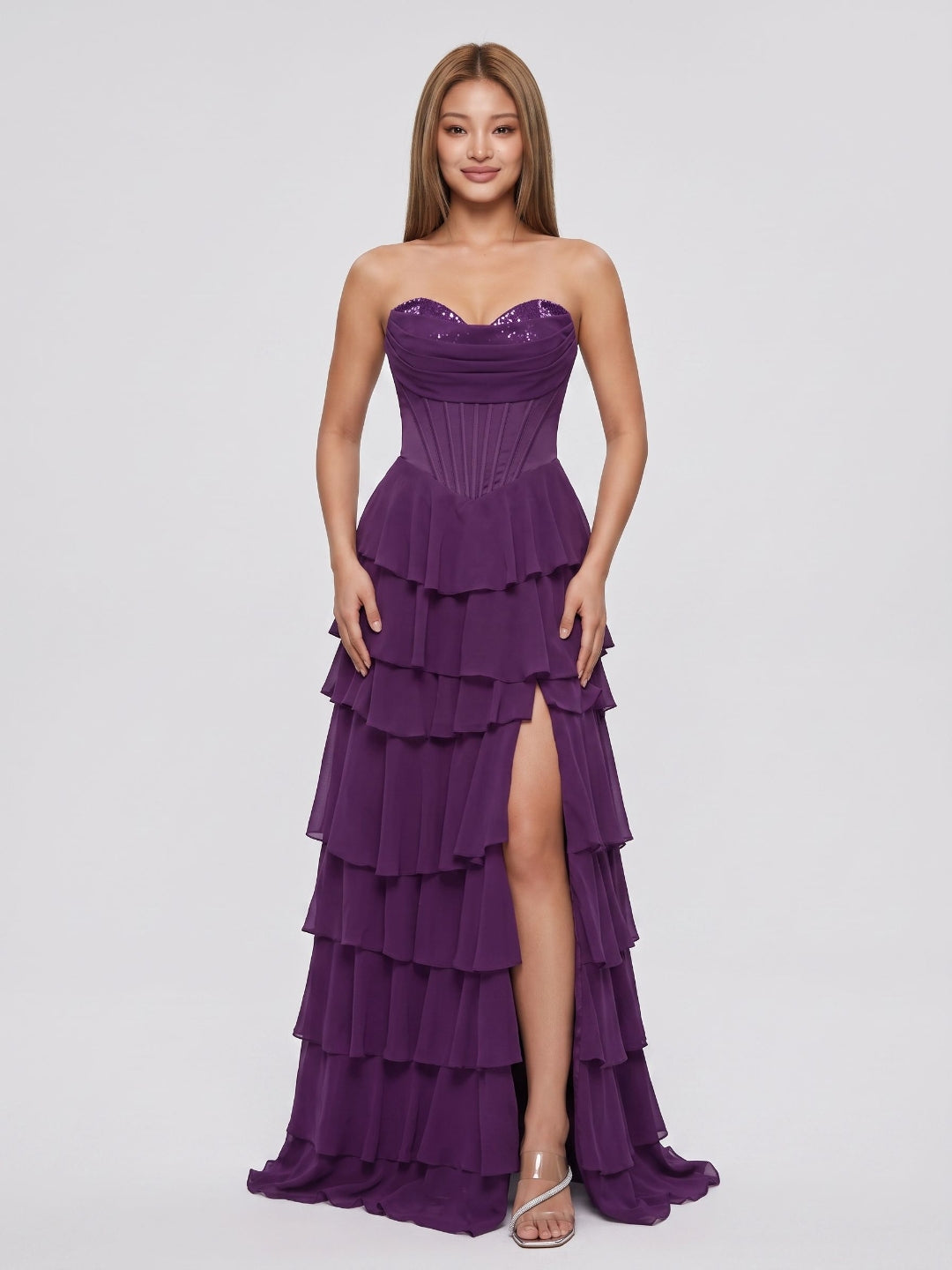 Plum Chiffon A-Line Sweetheart Back Zip Floor-Length Dress