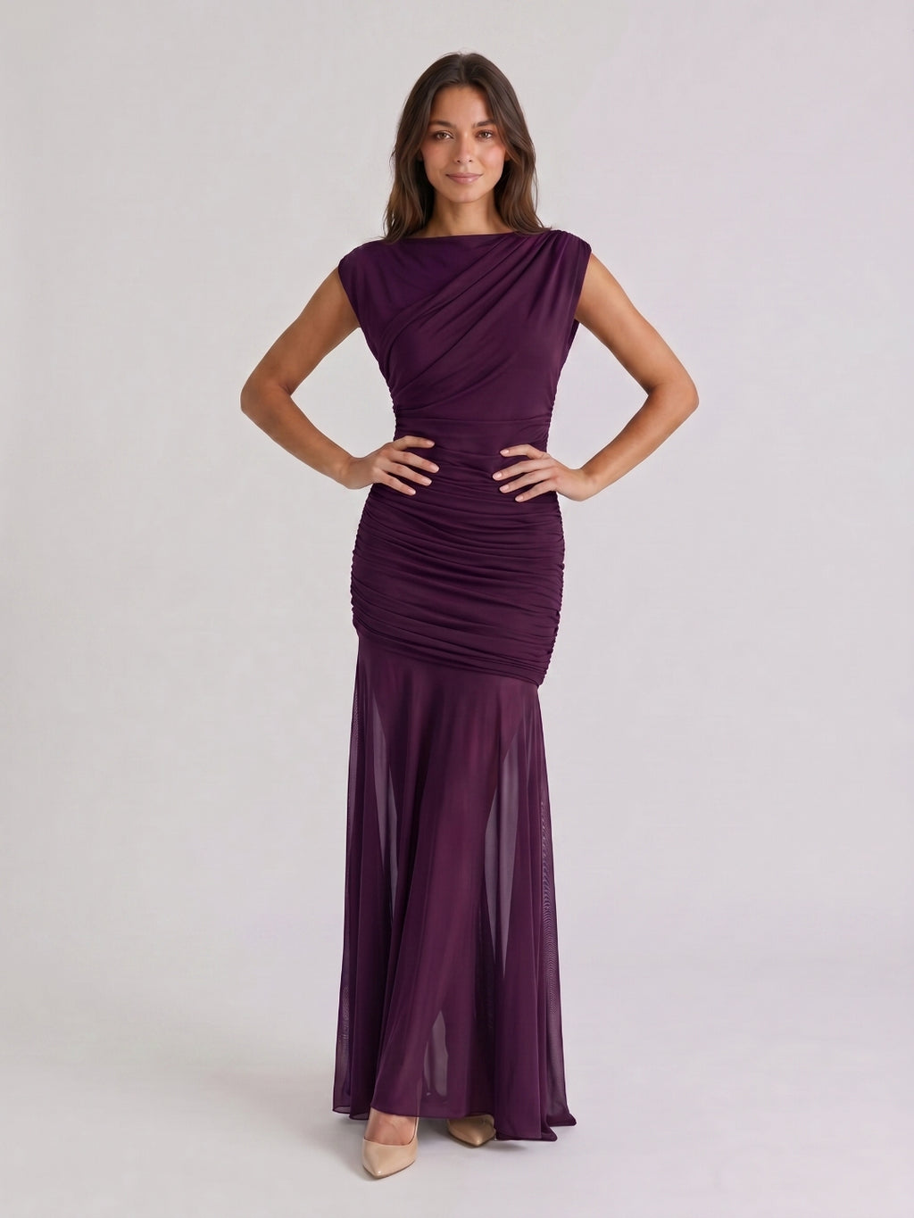 Plum Matte Satin Sheath Cowl Neck Corset Back Floor-Length Formal Dress with Pleating