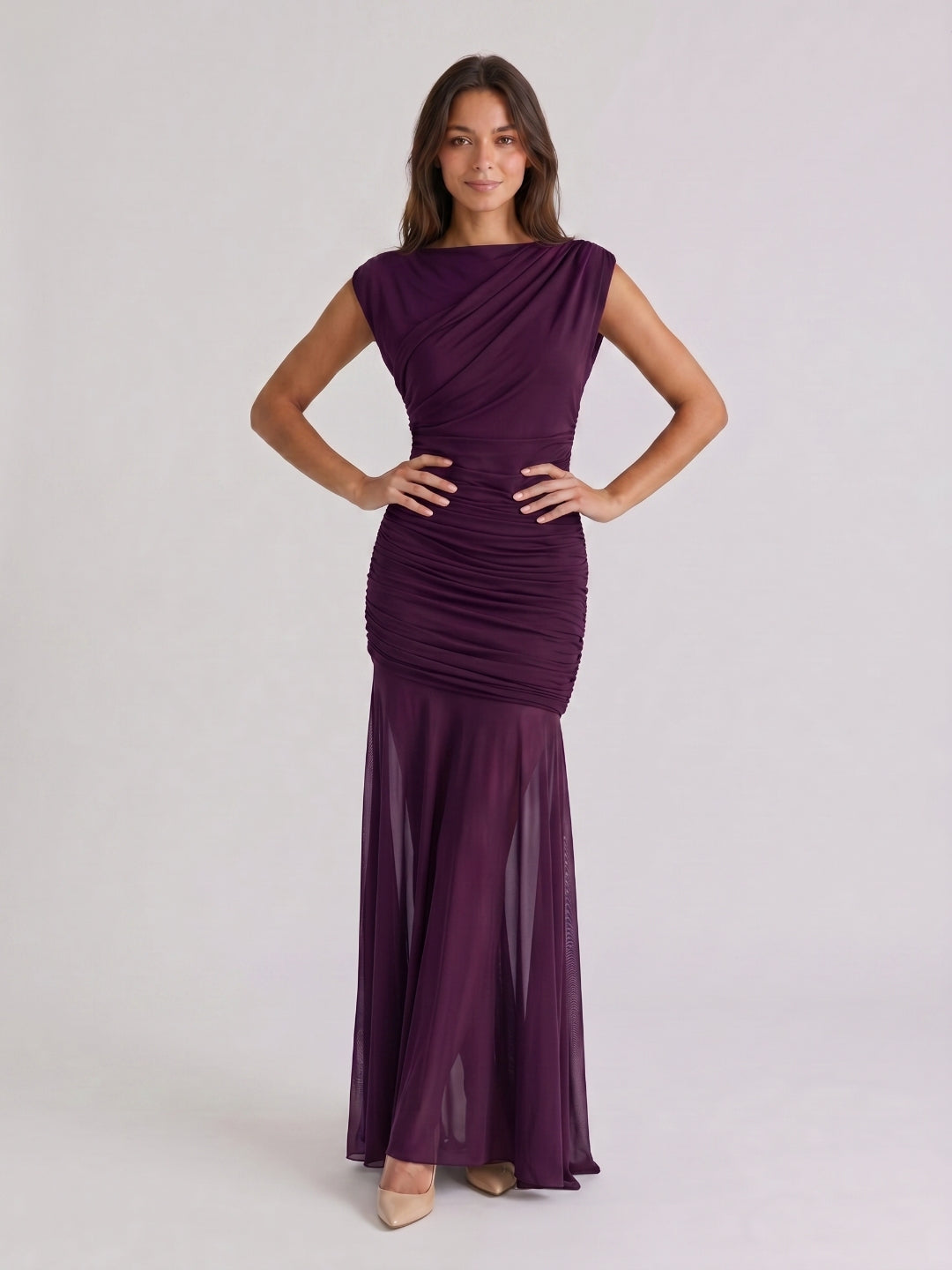 Plum Matte Satin Sheath Cowl Neck Corset Back Floor-Length Formal Dress with Pleating