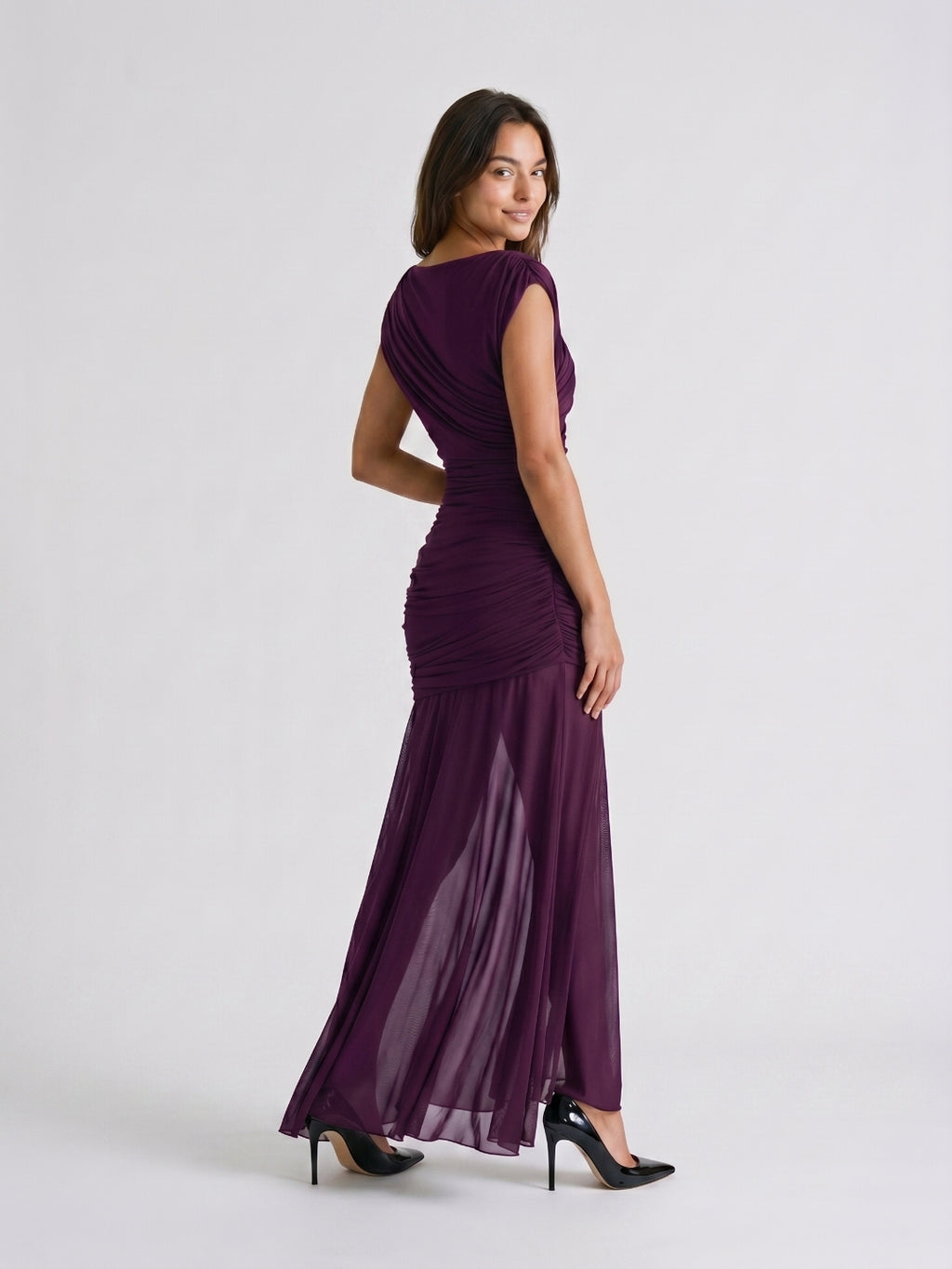 Plum Matte Satin Sheath Cowl Neck Corset Back Floor-Length Formal Dress with Pleating