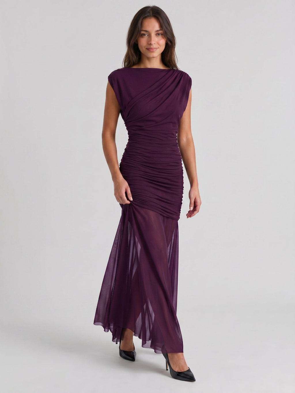 Plum Matte Satin Sheath Cowl Neck Corset Back Floor-Length Formal Dress with Pleating