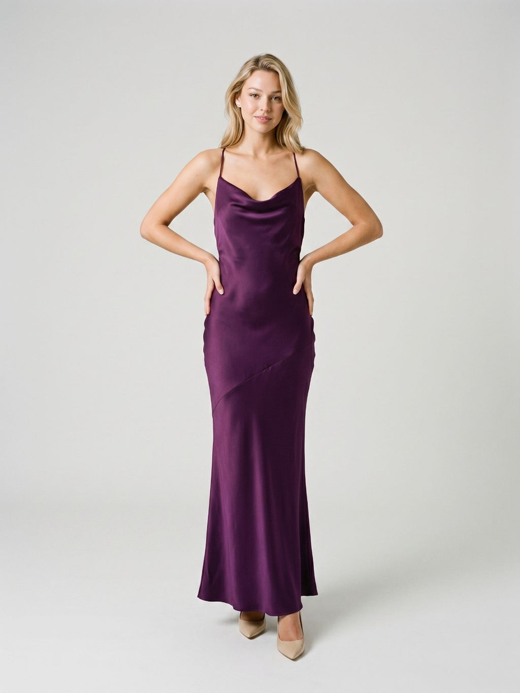 Plum Satin Column V-Neck Criss-Cross Straps Floor-Length Formal Dress with Pleating
