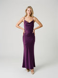 Plum Satin Column V-Neck Criss-Cross Straps Floor-Length Formal Dress with Pleating