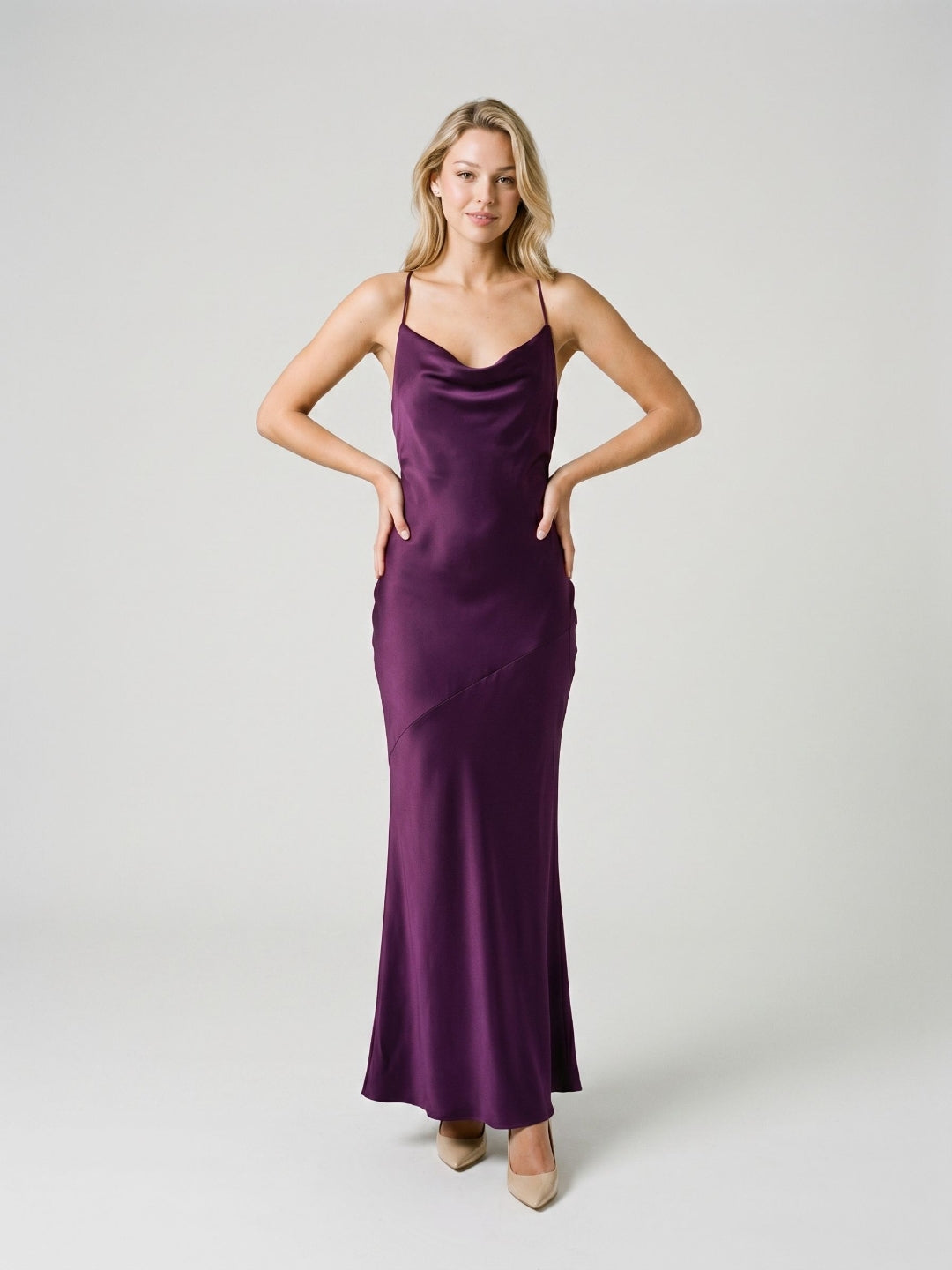 Plum Satin Column V-Neck Criss-Cross Straps Floor-Length Formal Dress with Pleating