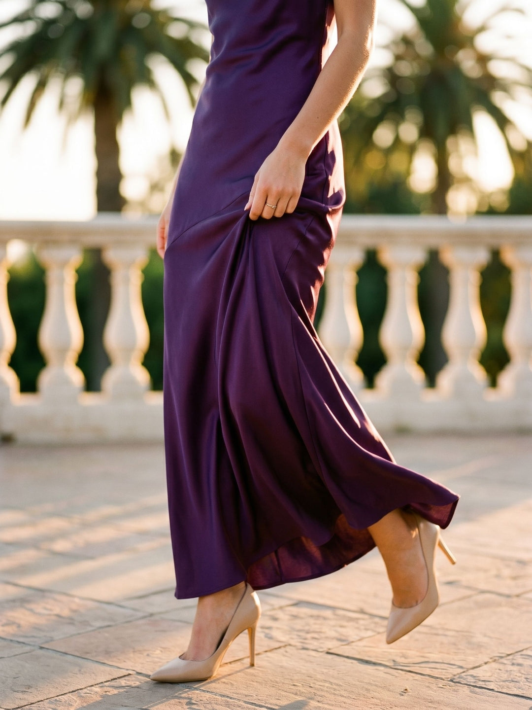 Plum Satin Column V-Neck Criss-Cross Straps Floor-Length Formal Dress with Pleating