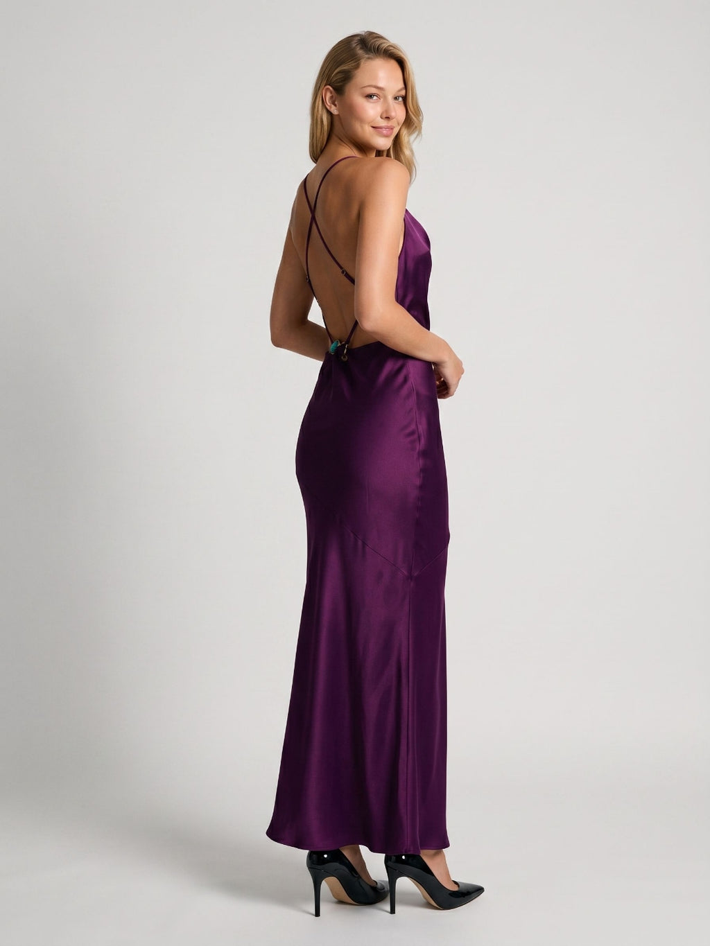 Plum Satin Column V-Neck Criss-Cross Straps Floor-Length Formal Dress with Pleating