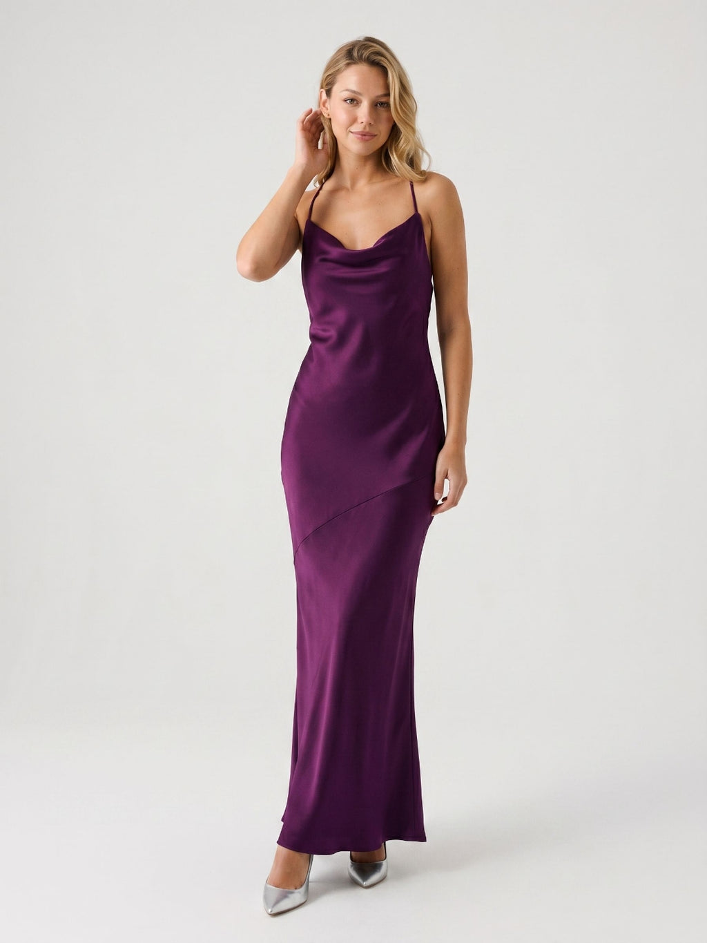 Plum Satin Column V-Neck Criss-Cross Straps Floor-Length Formal Dress with Pleating