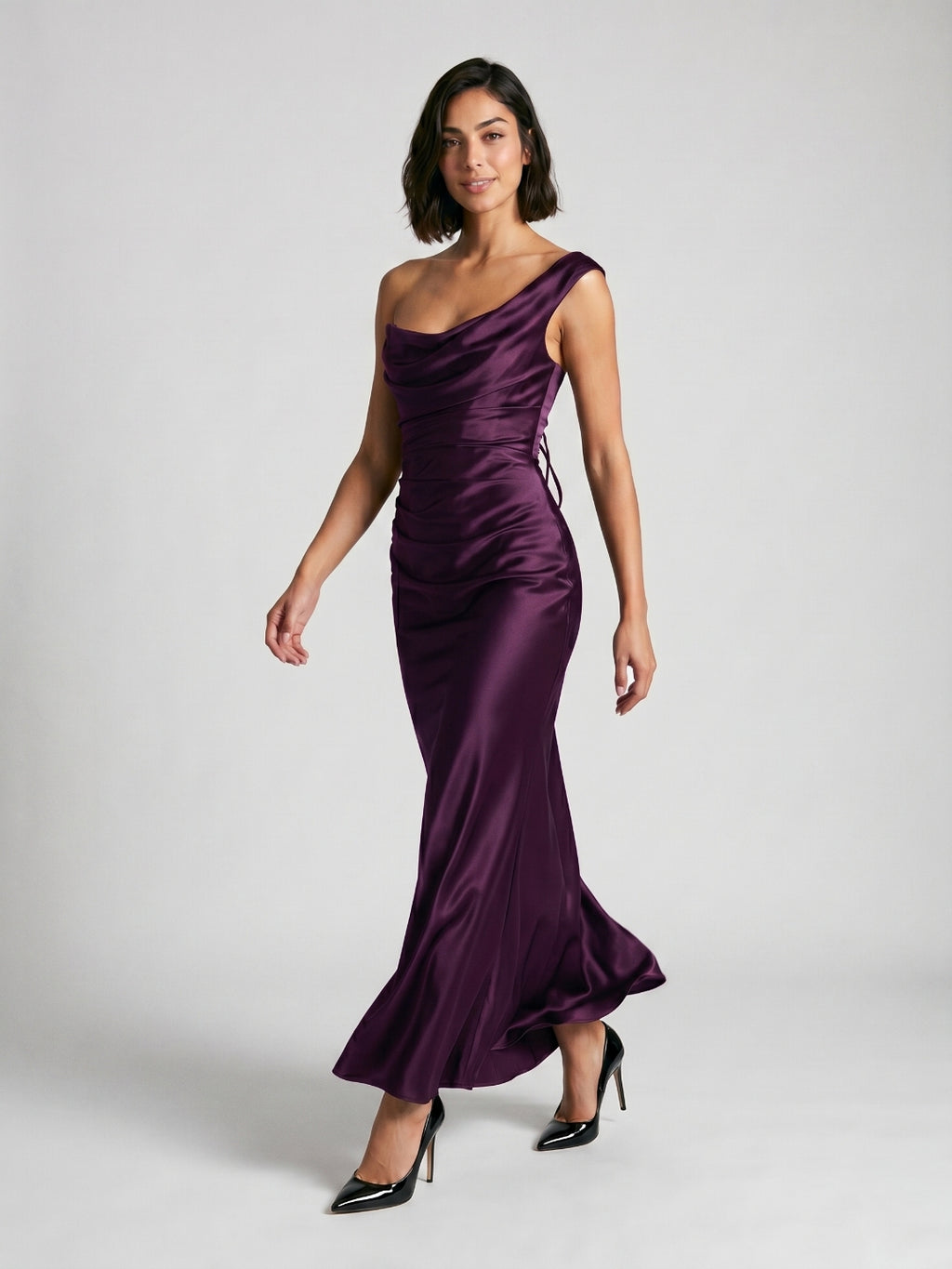 Plum Satin Sheath One Shoulder Corset Back Floor-Length Formal Dress with Pleating