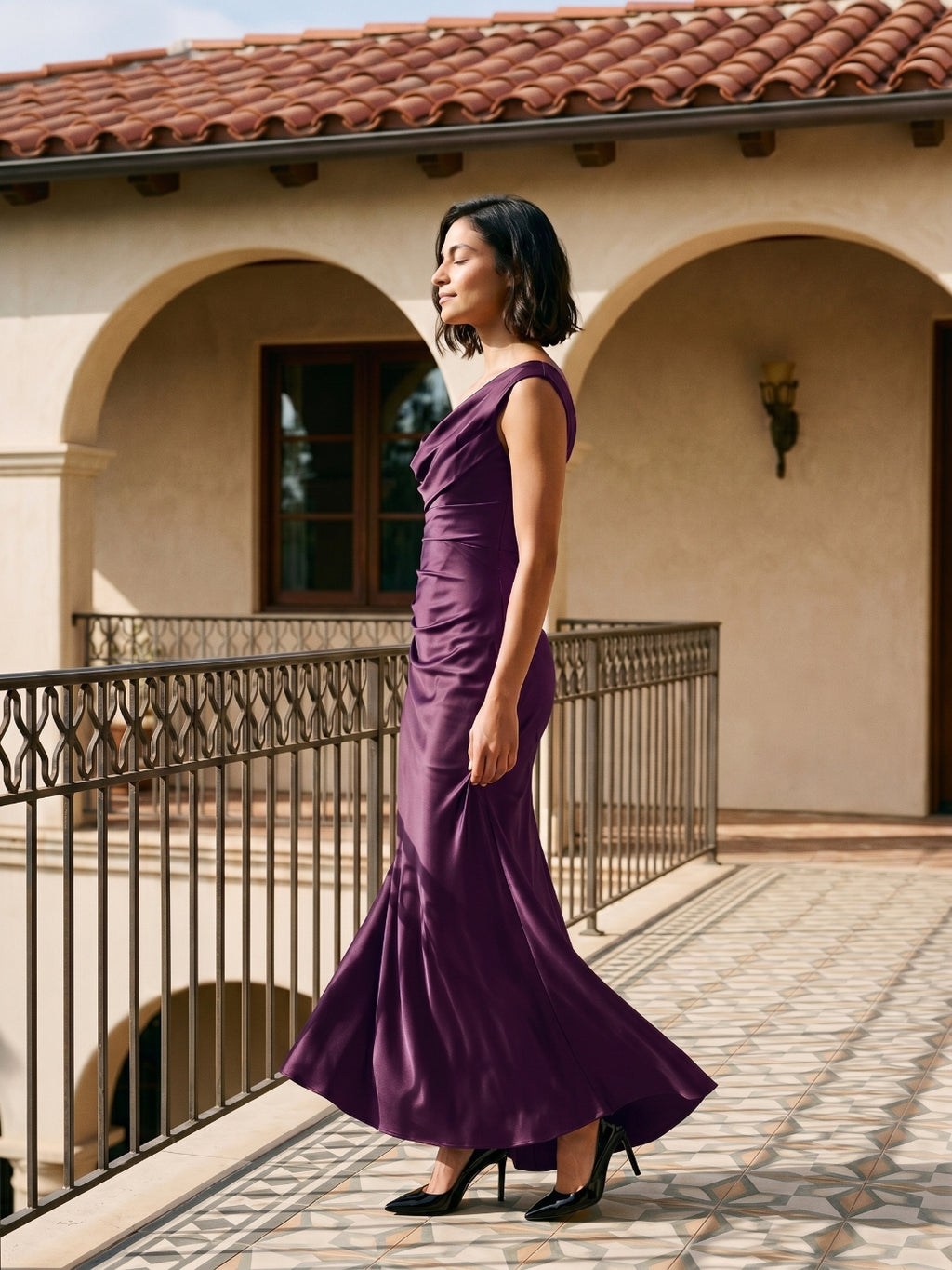 Plum Satin Sheath One Shoulder Corset Back Floor-Length Formal Dress with Pleating